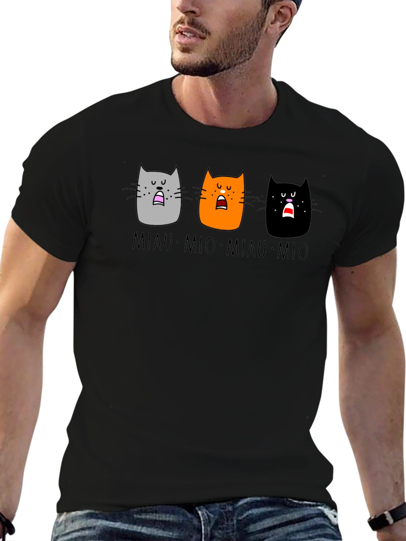 Miaow Mio Cat T-Shirt - Black Crew Neck Tee