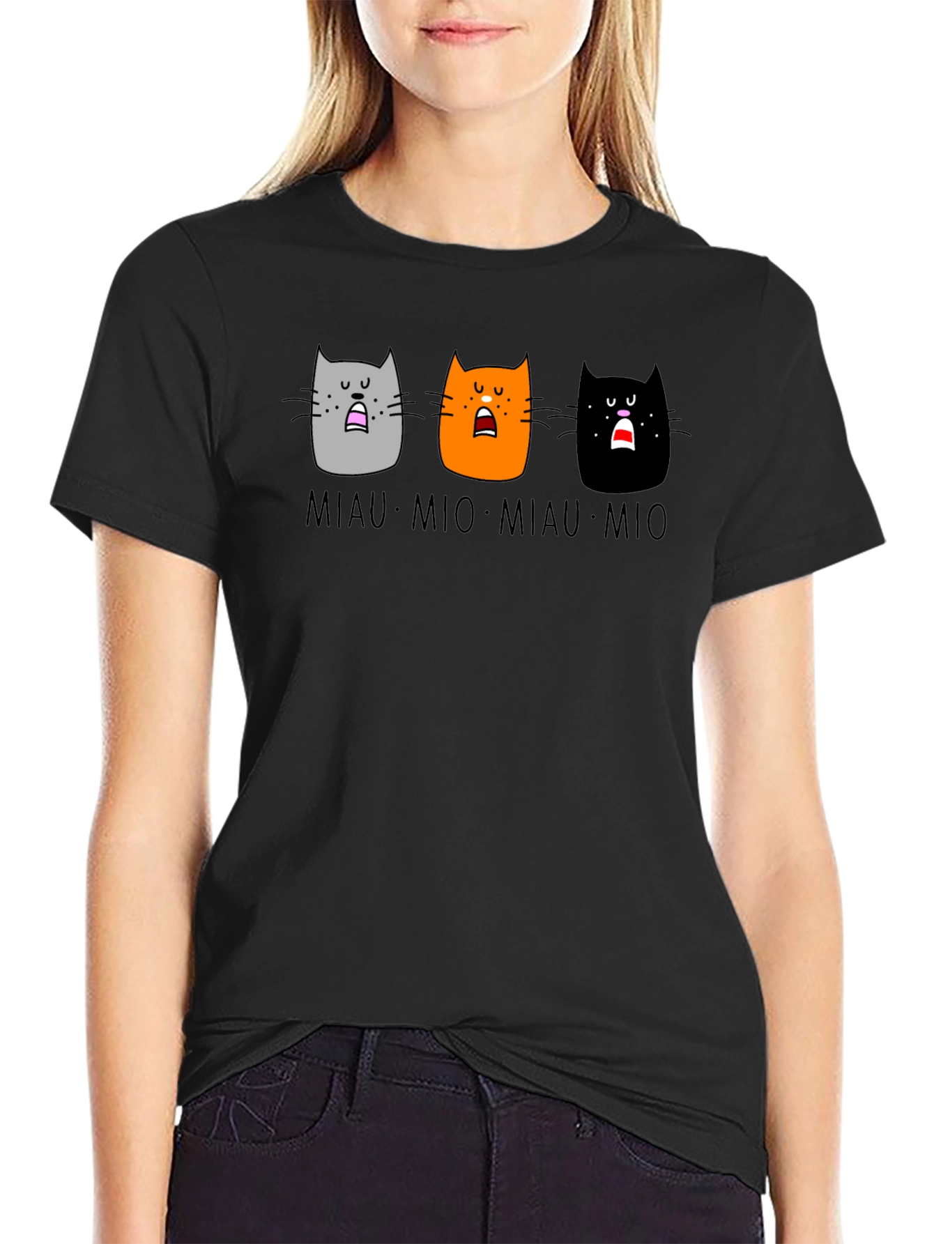 Miaow Mio Cat T-Shirt - Black Crew Neck Tee