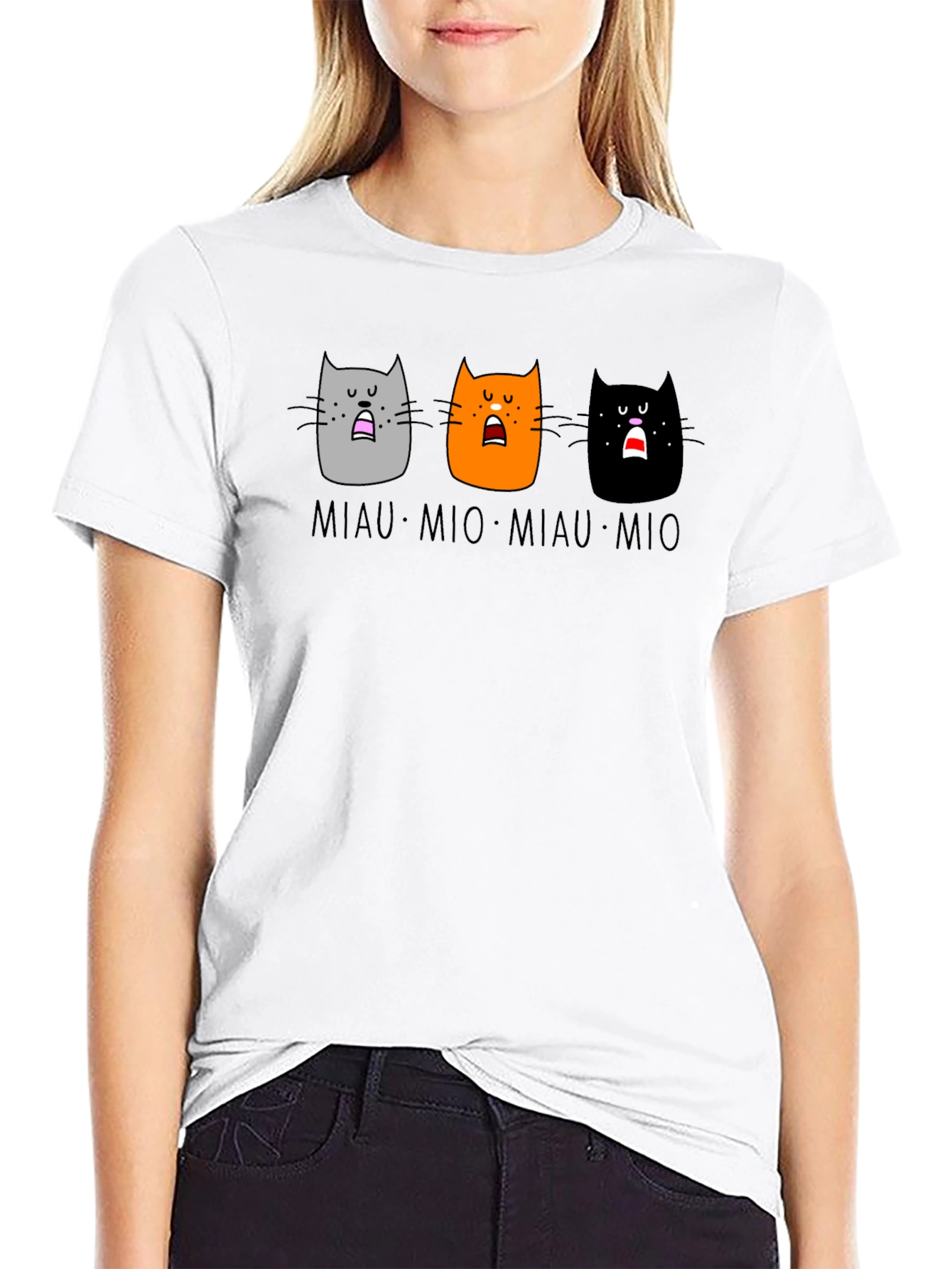 Miaow Mio Cat T-Shirt - Black Crew Neck Tee