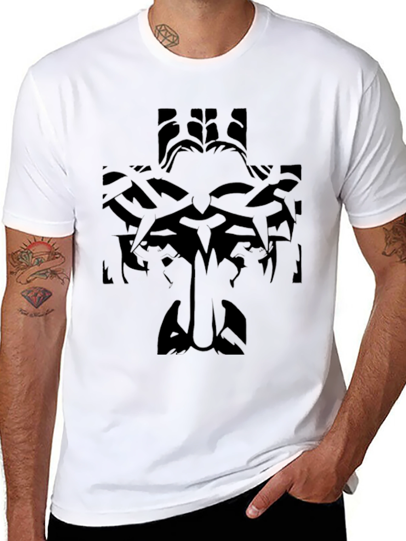 Black Graphic T-Shirt: Tribal Cross Design