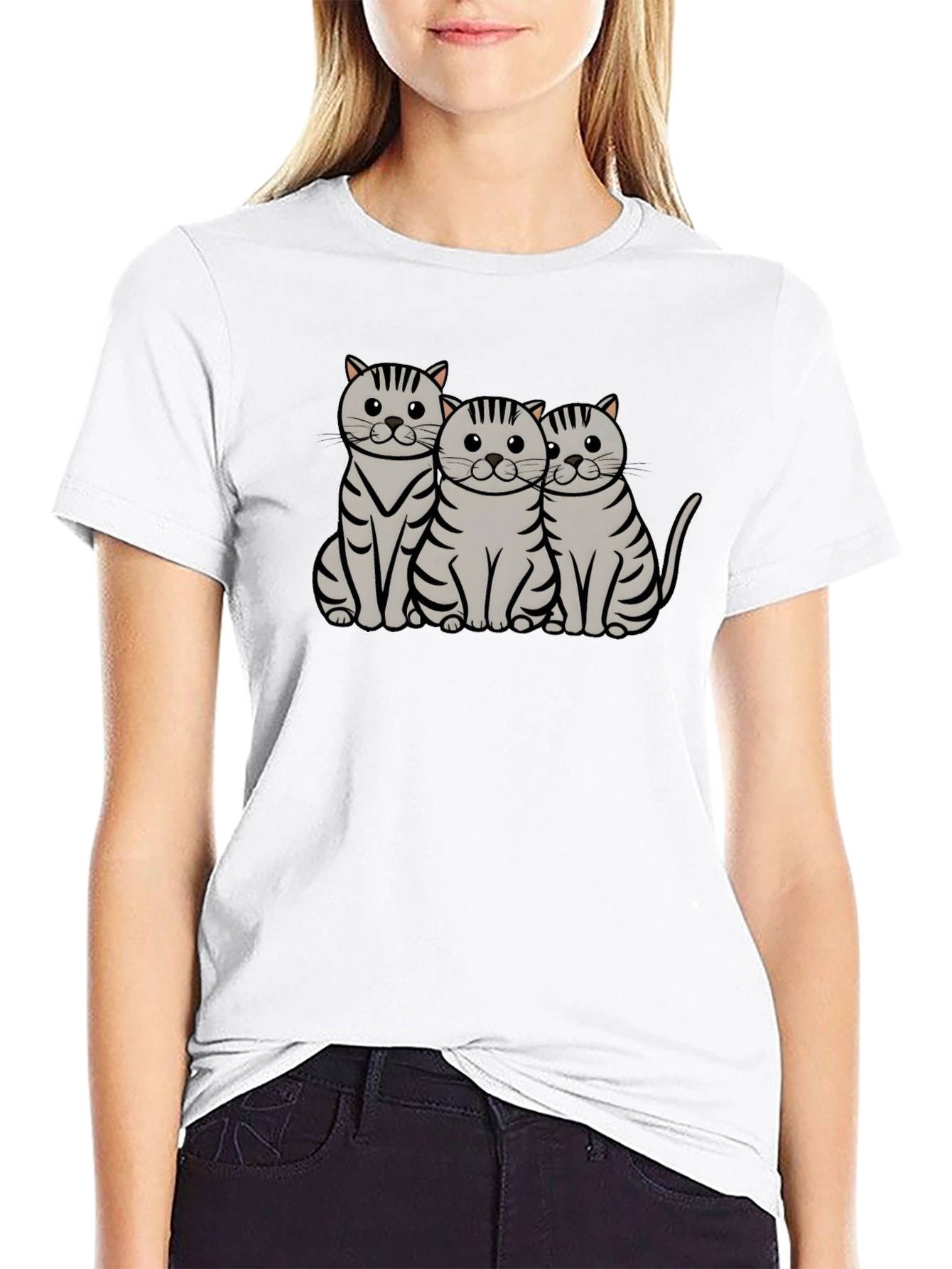 Cute Cat Trio Graphic T-Shirt - Black