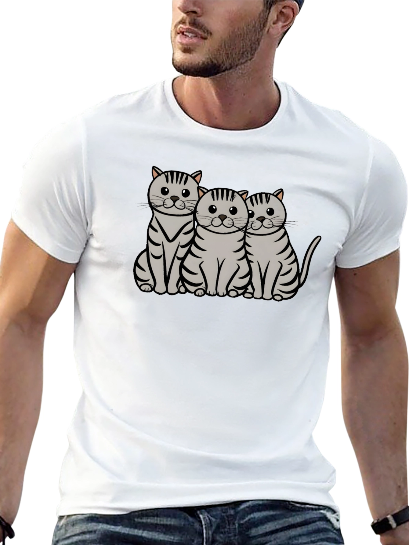 Cute Cat Trio Graphic T-Shirt - Black