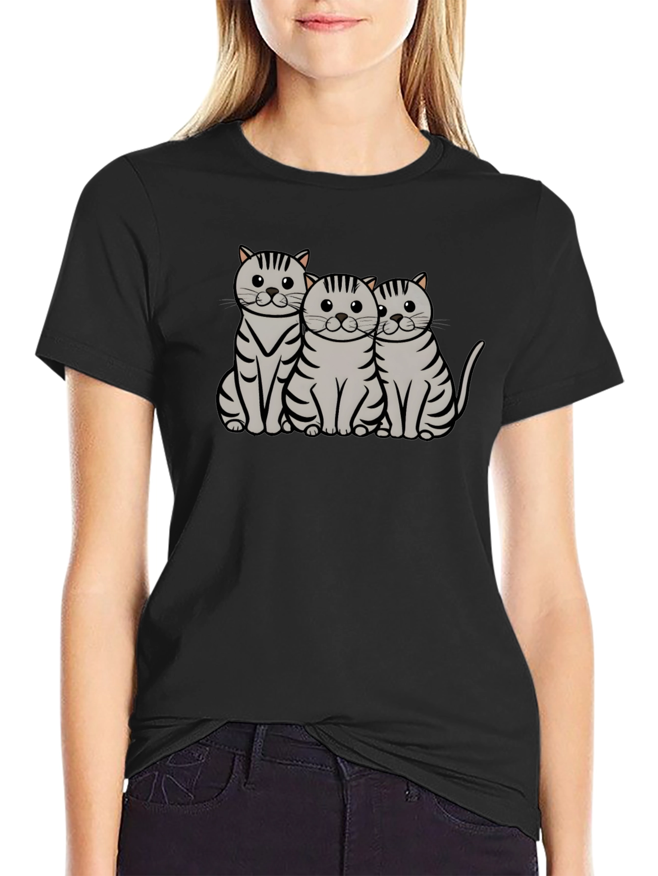 Cute Cat Trio Graphic T-Shirt - Black