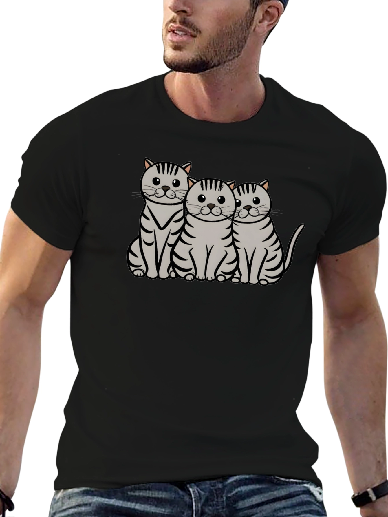 Cute Cat Trio Graphic T-Shirt - Black
