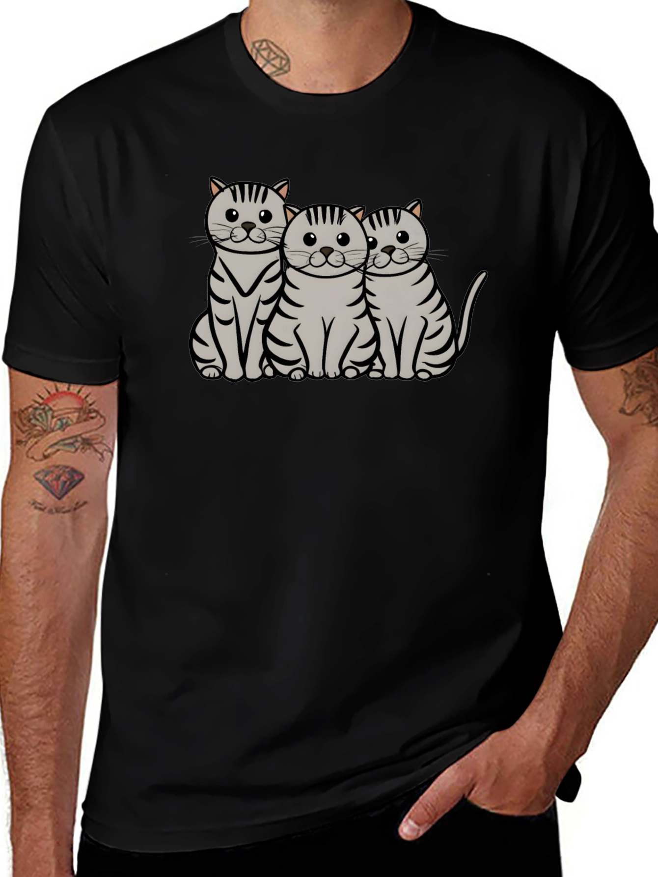 Cute Cat Trio Graphic T-Shirt - Black