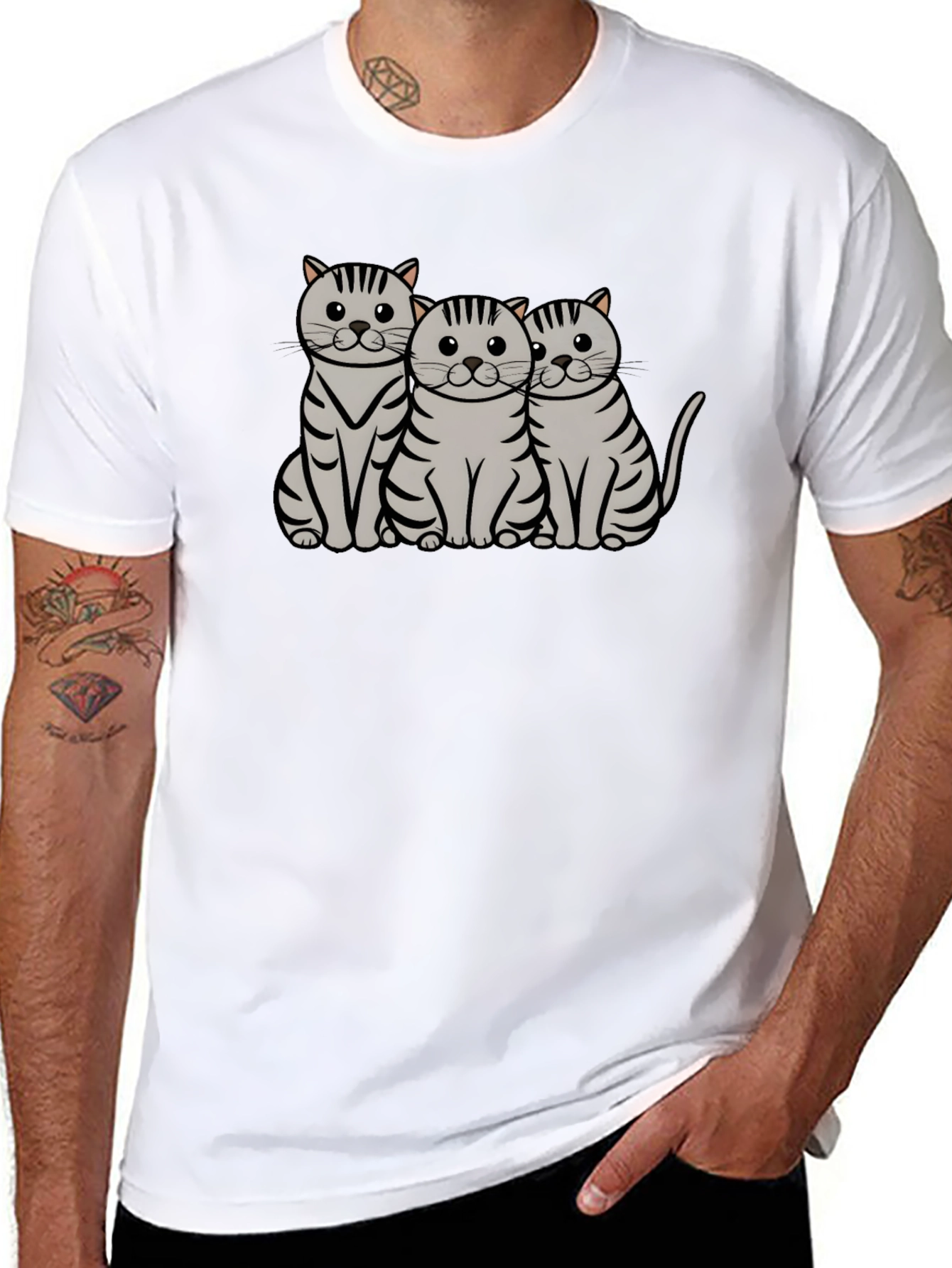 Cute Cat Trio Graphic T-Shirt - Black