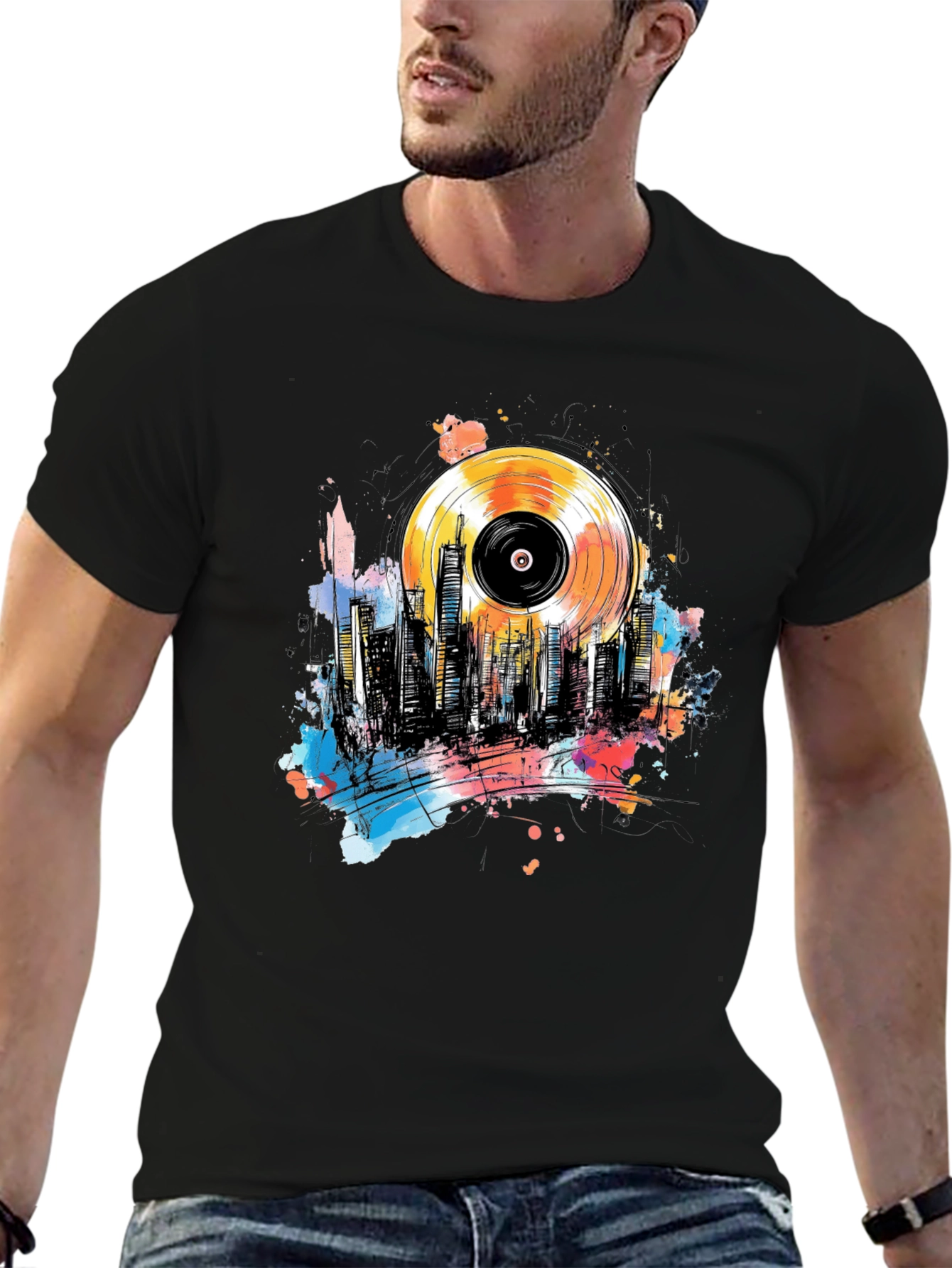 Vinyl Record Cityscape Graphic Tee