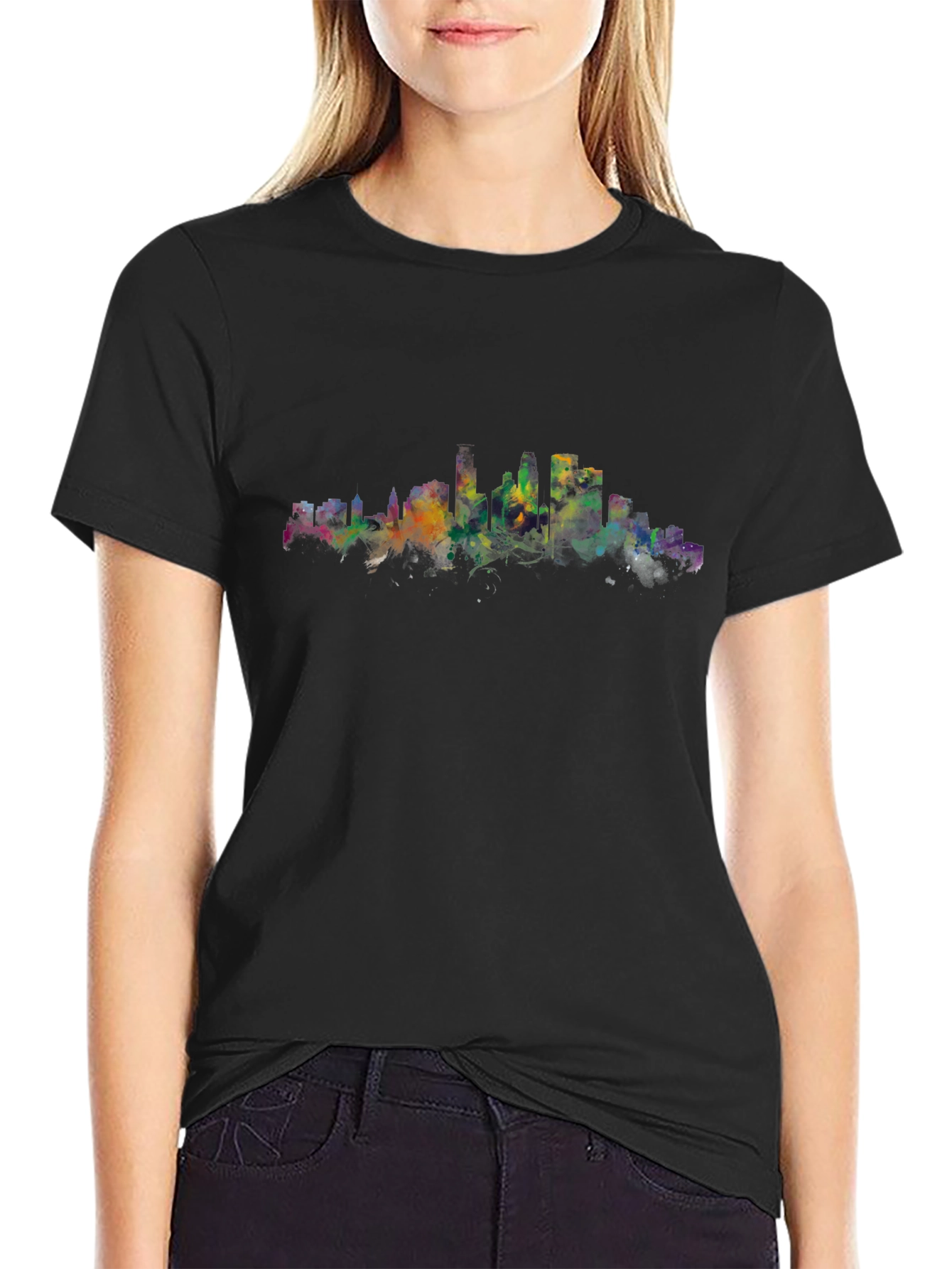Cityscape Watercolor Black T-Shirt