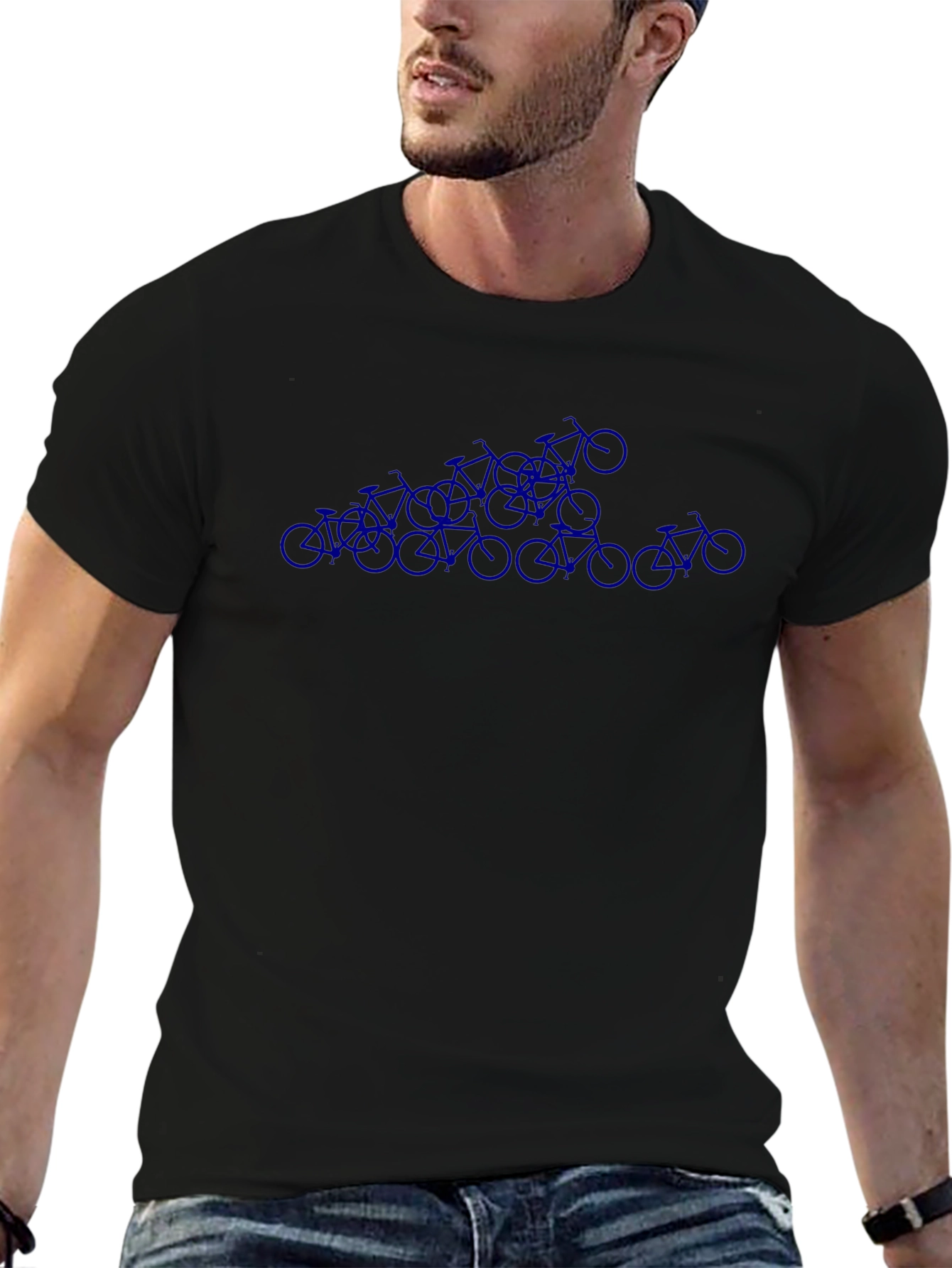 Blue Bicycle Pattern Black Tee