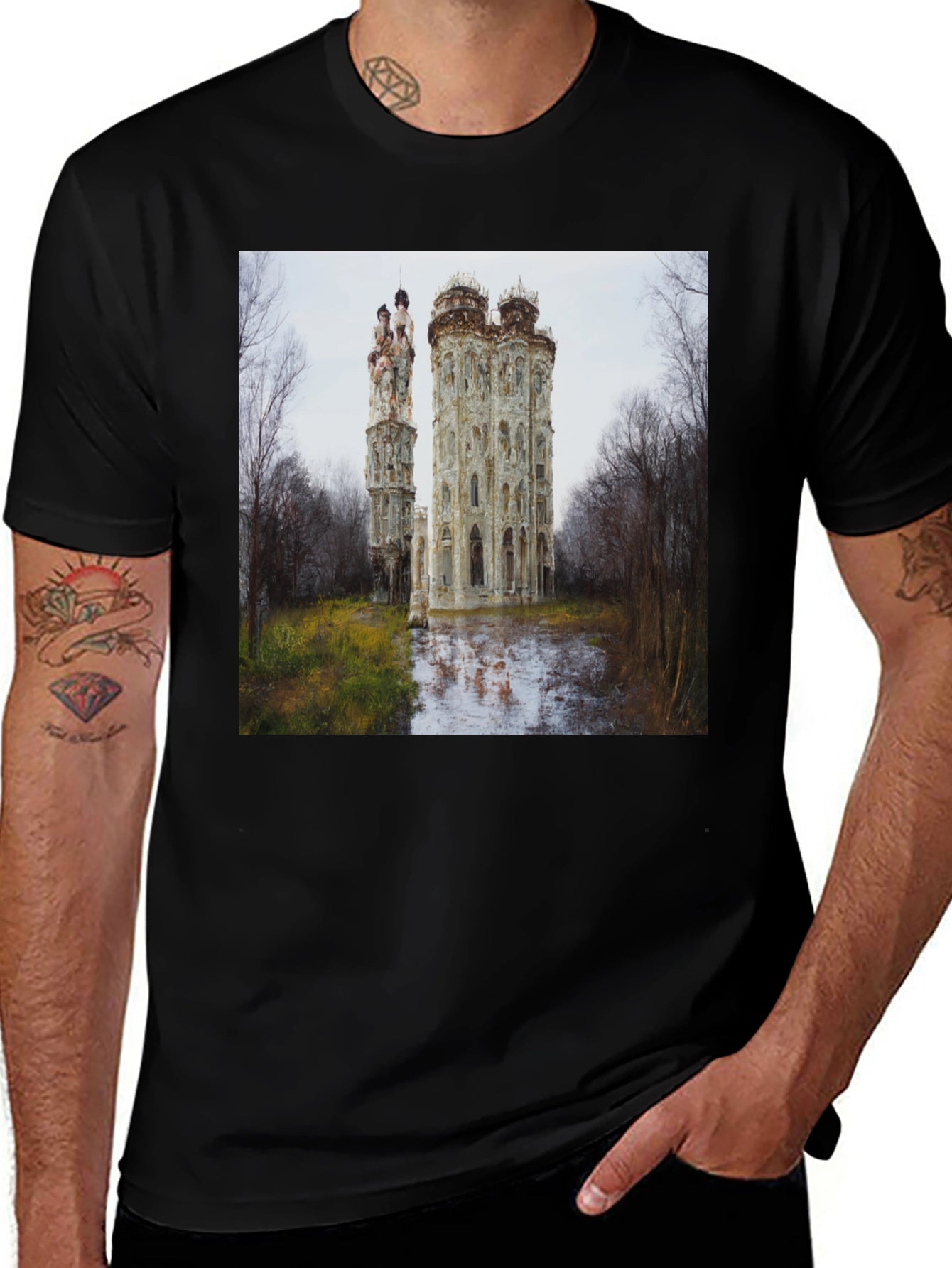 Ornate Castle Ruins Black T-Shirt