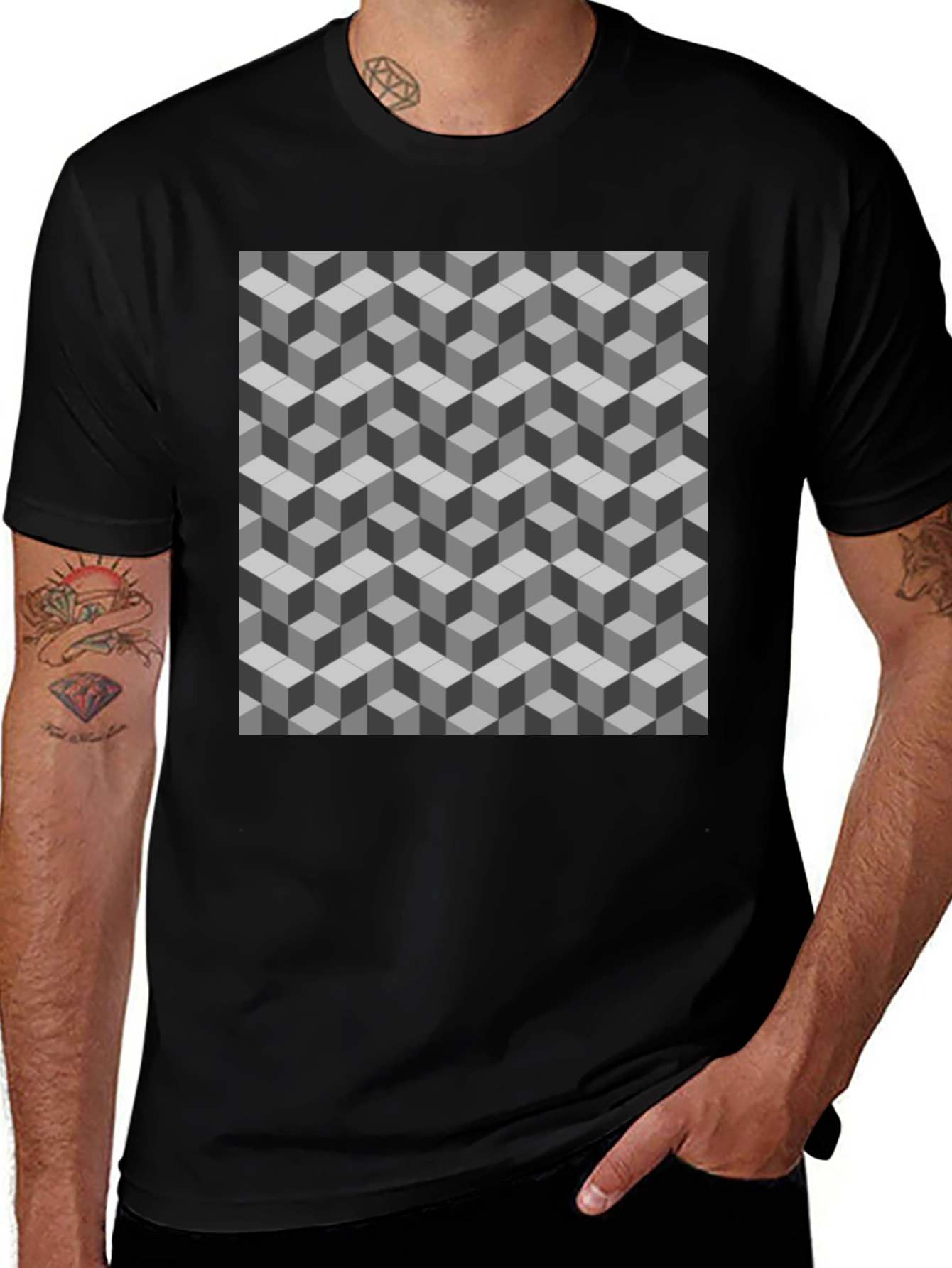 Geometric Cube Pattern Tee - Optical Illusion Design