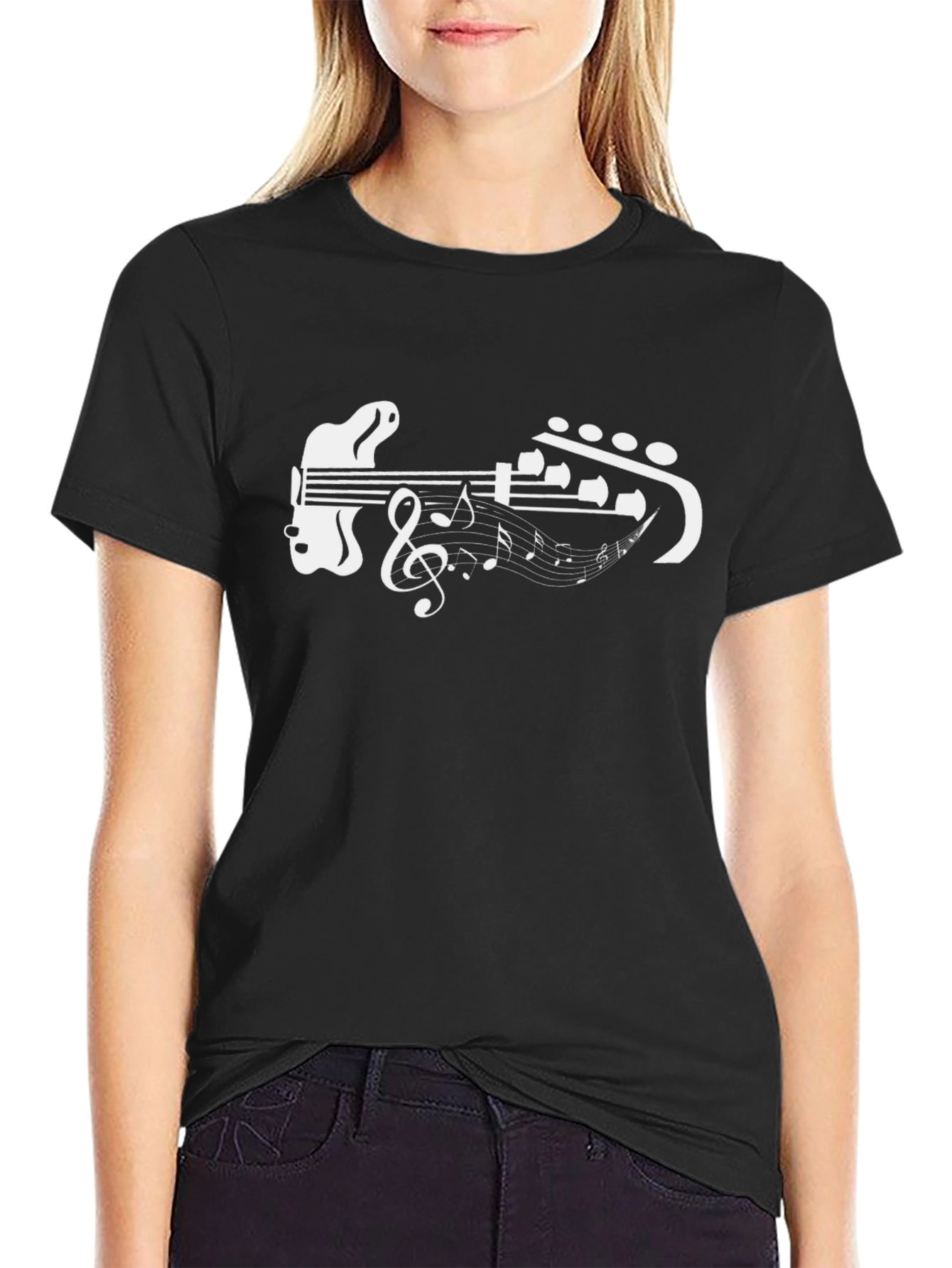 Guitar Music Note Graphic Tee - Black Cotton