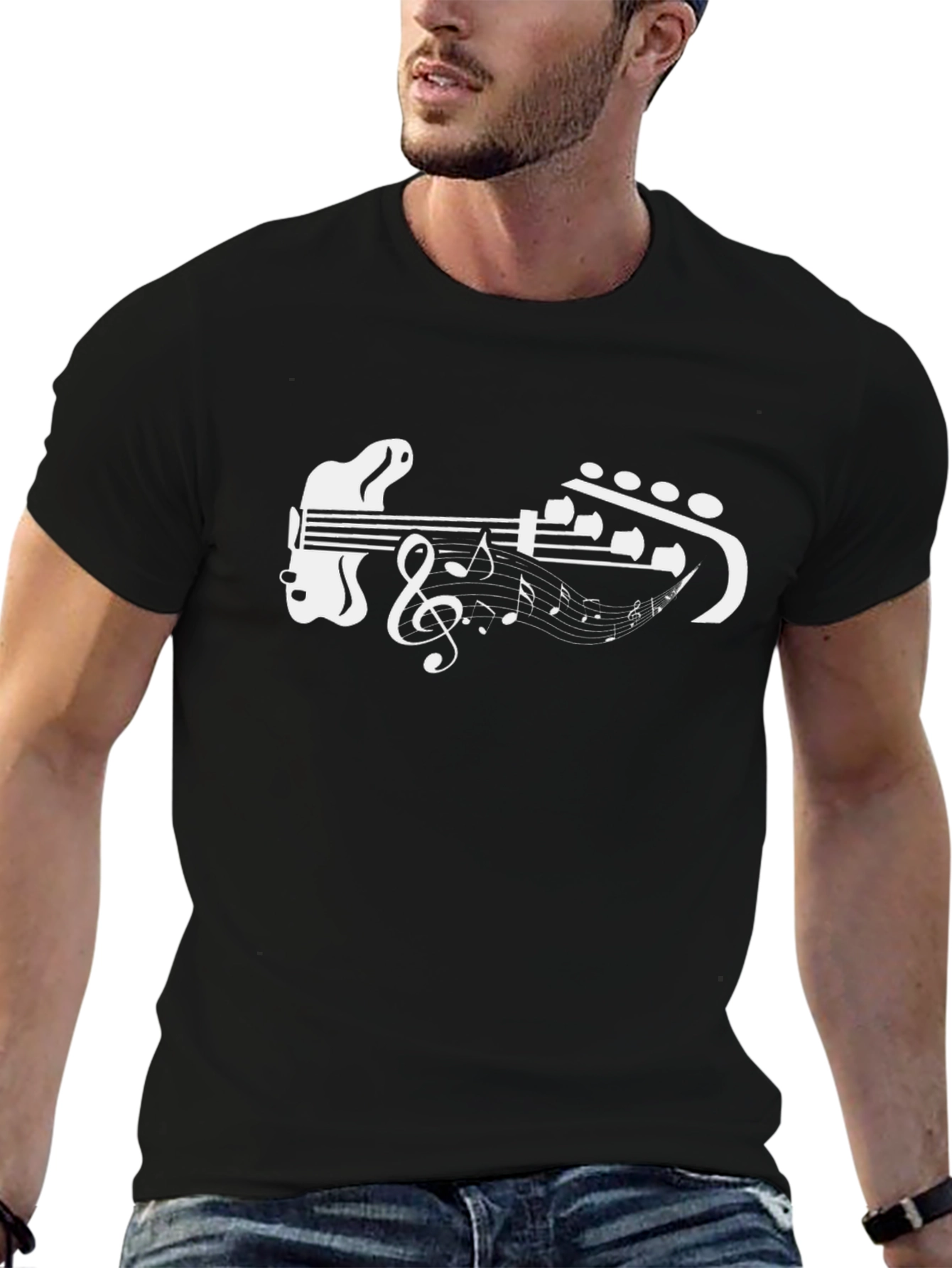 Guitar Music Note Graphic Tee - Black Cotton