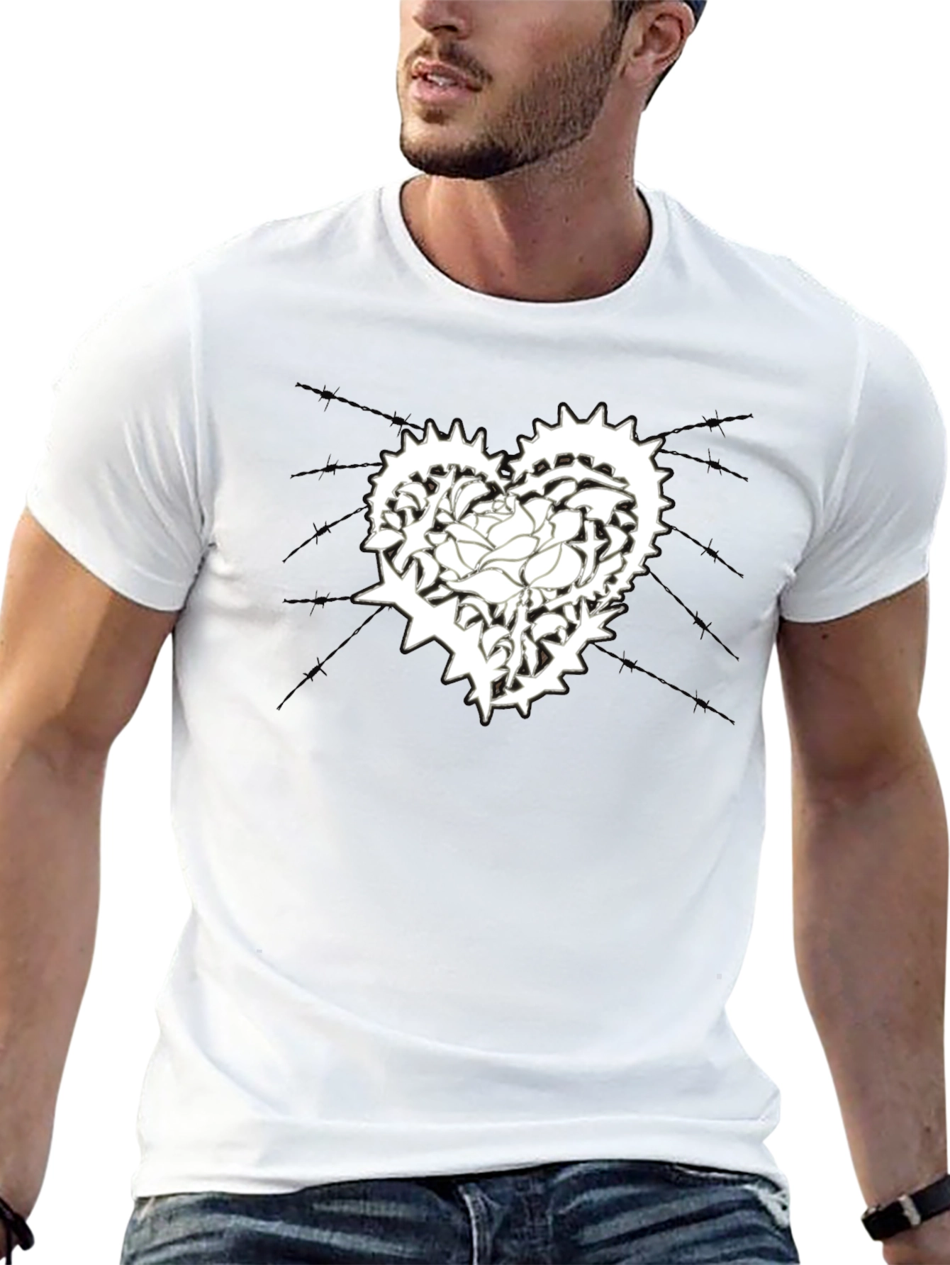 Mens Black T-Shirt with Heart & Rose Graphic
