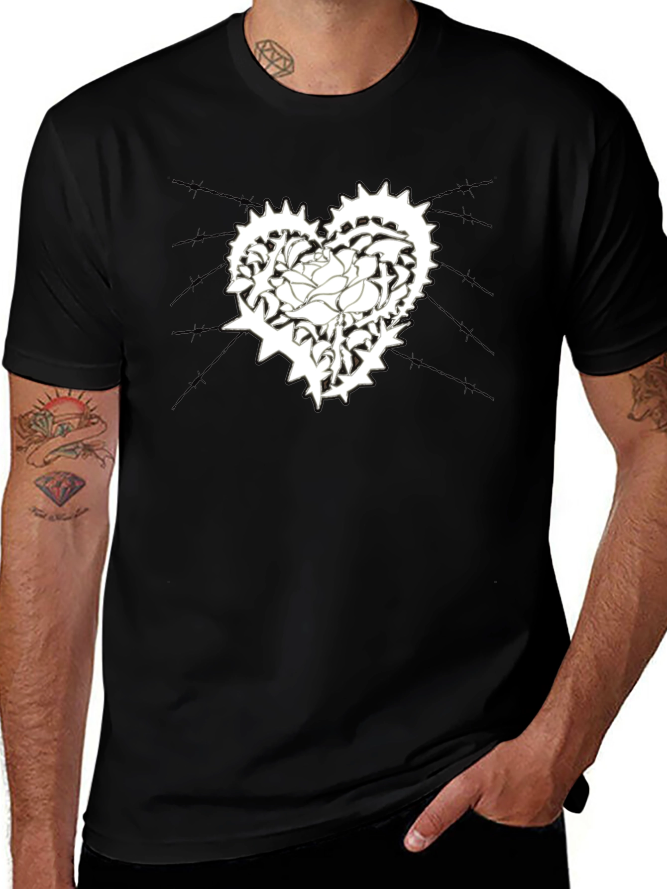 Mens Black T-Shirt with Heart & Rose Graphic
