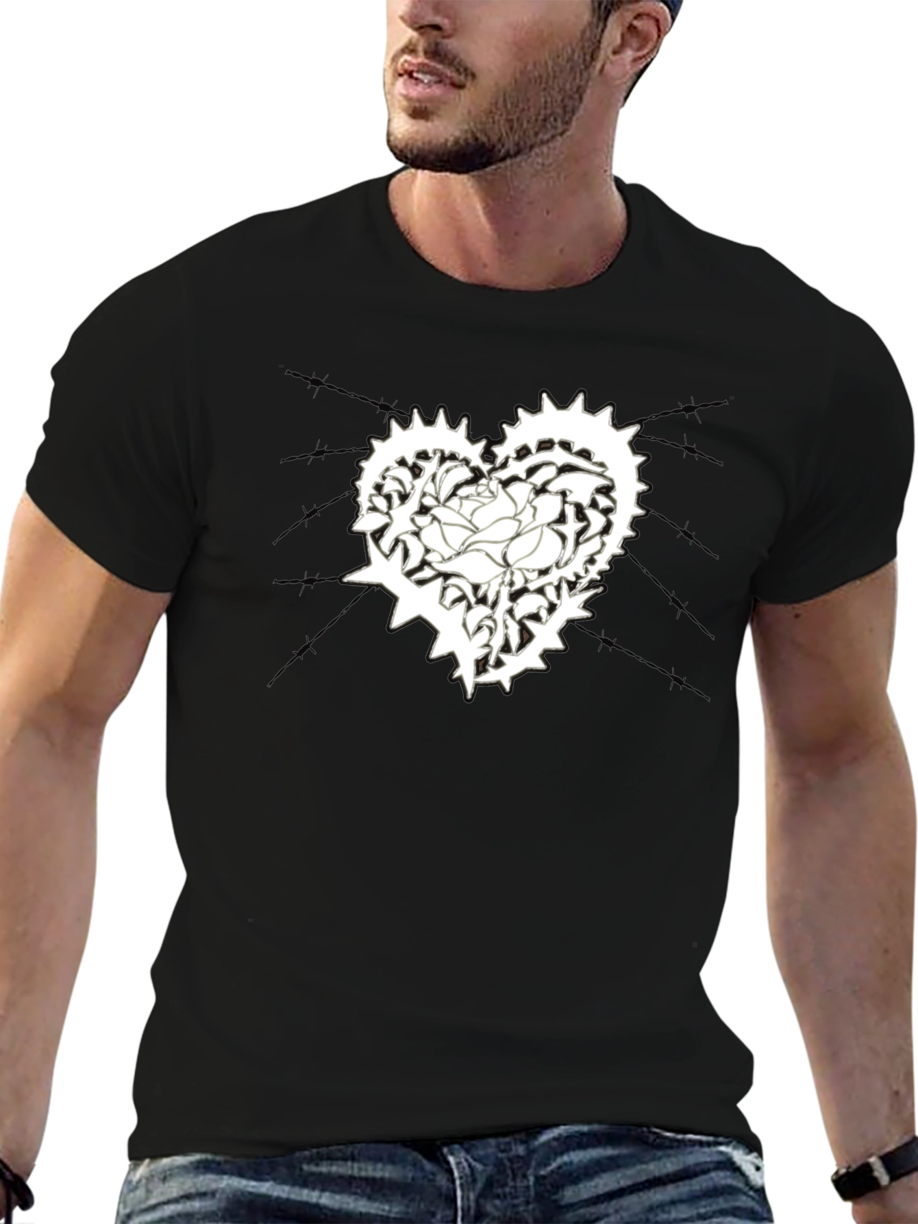 Mens Black T-Shirt with Heart & Rose Graphic