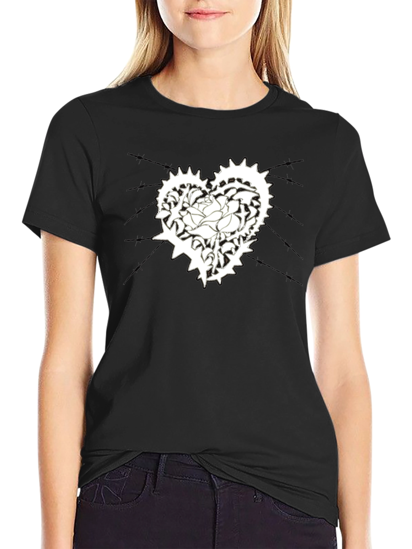 Mens Black T-Shirt with Heart & Rose Graphic