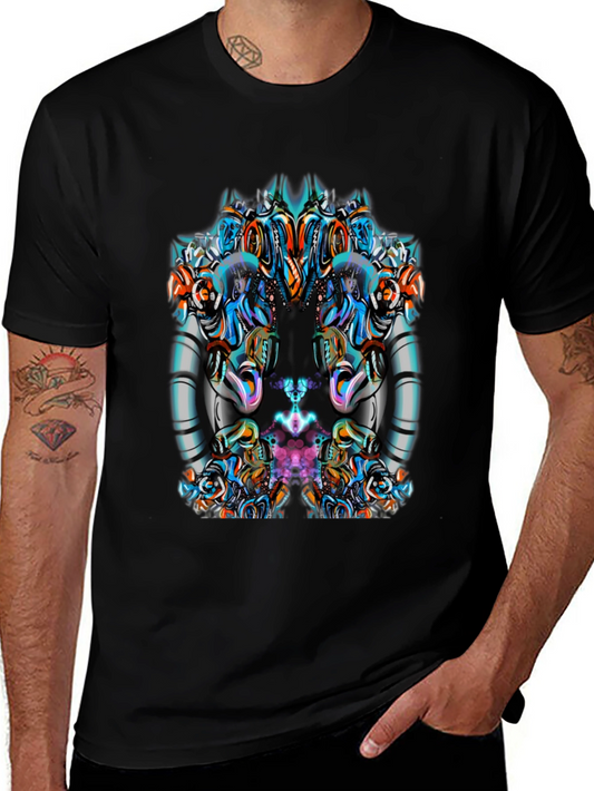 Abstract Geometric Graphic Print Mens Black Tee