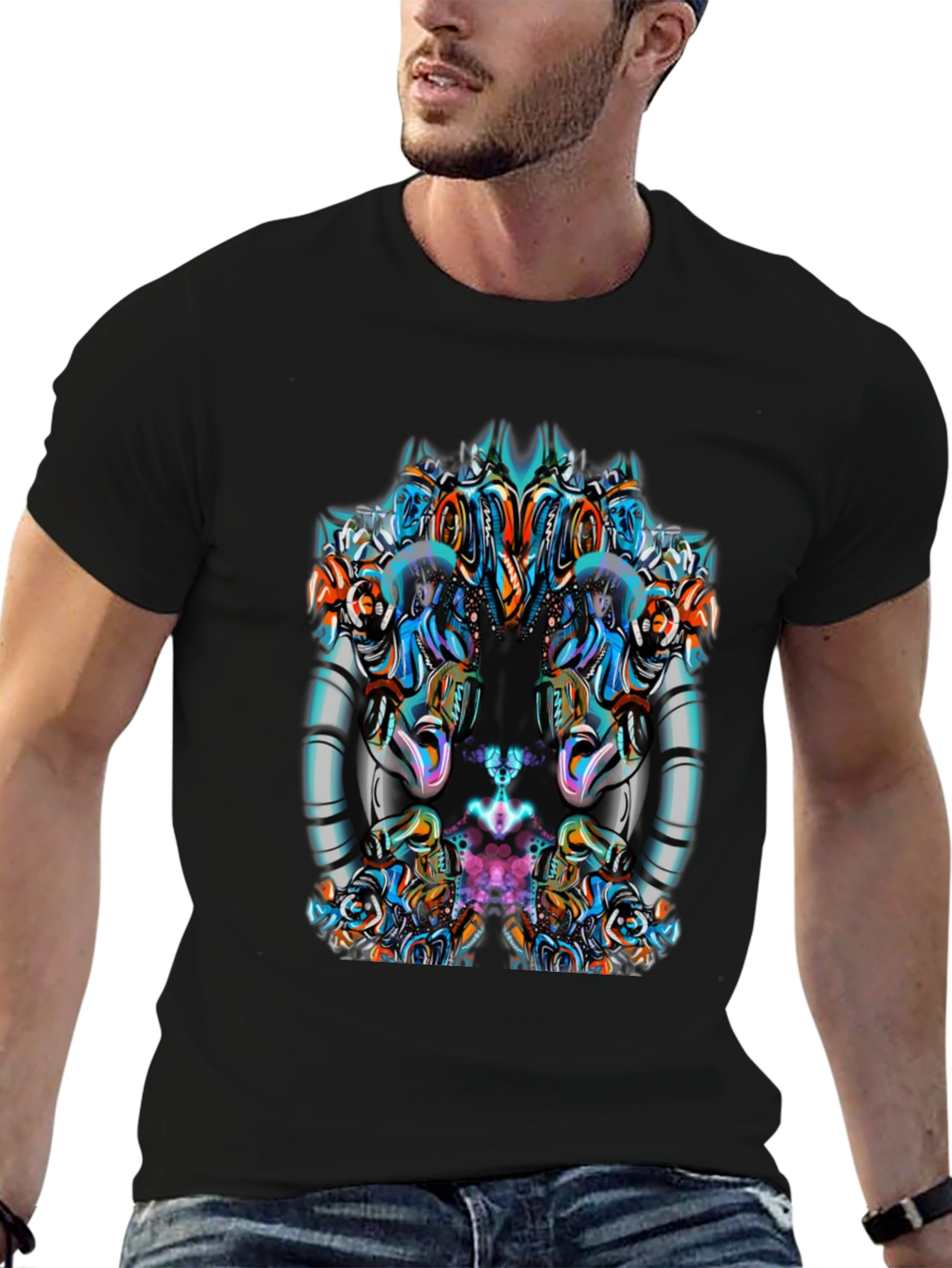 Abstract Geometric Graphic Print Mens Black Tee