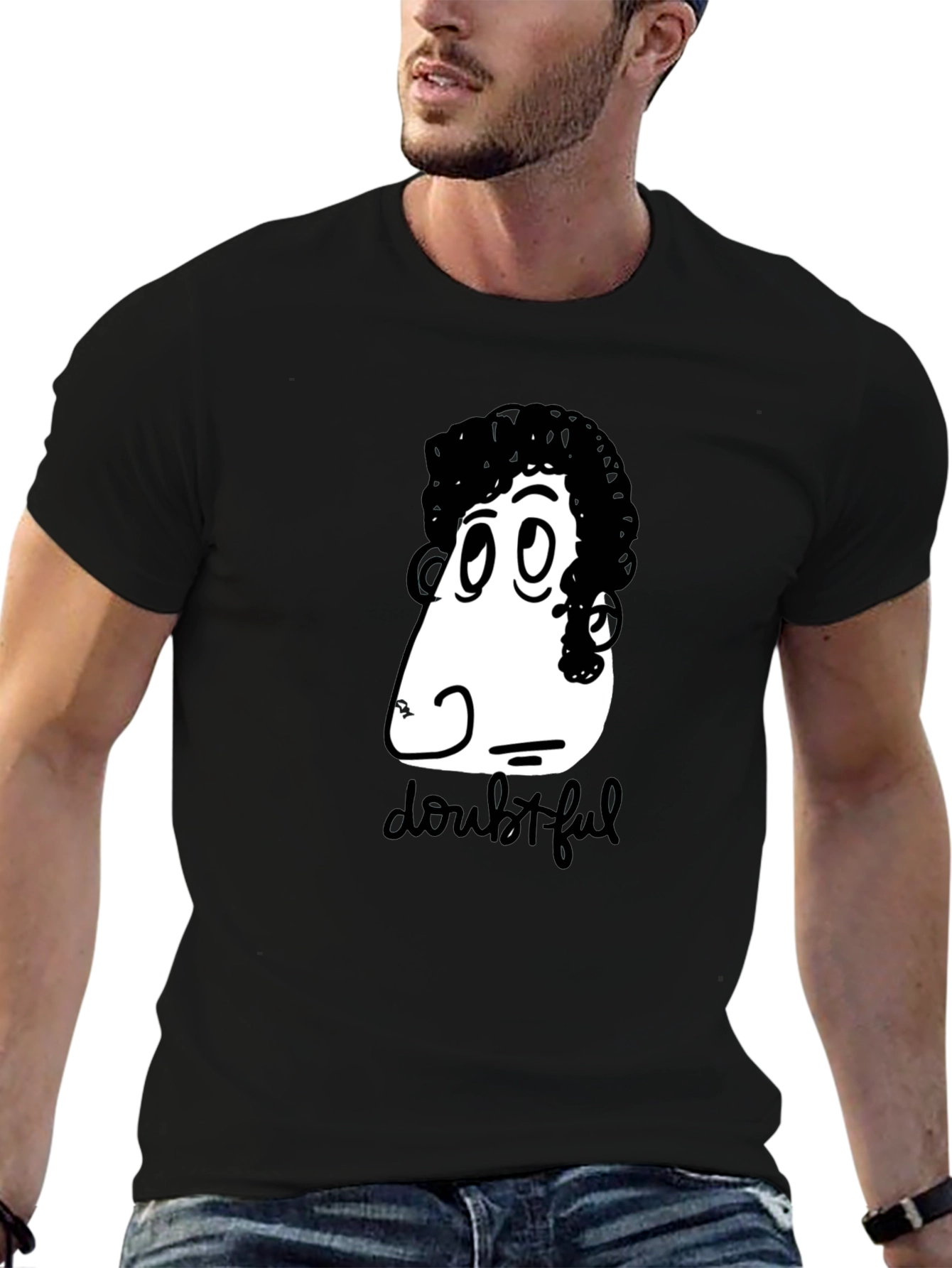 Doubtful Cartoon Graphic Black T-Shirt