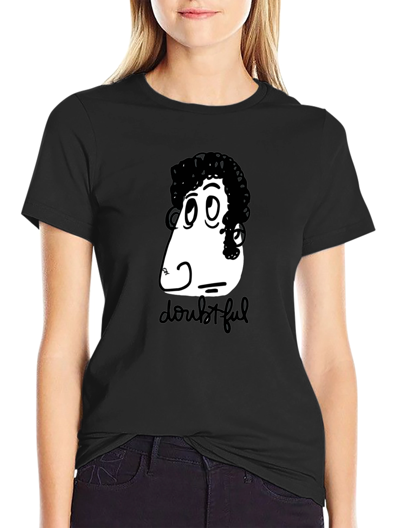 Doubtful Cartoon Graphic Black T-Shirt