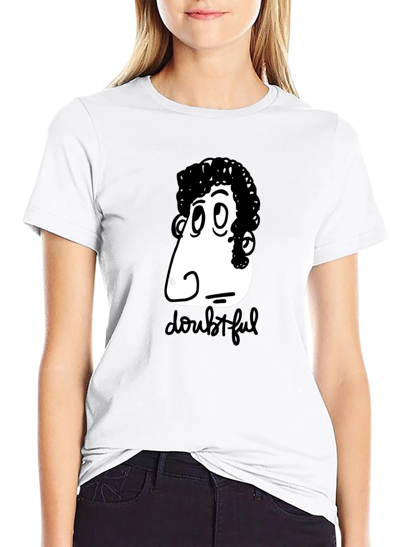 Doubtful Cartoon Graphic Black T-Shirt