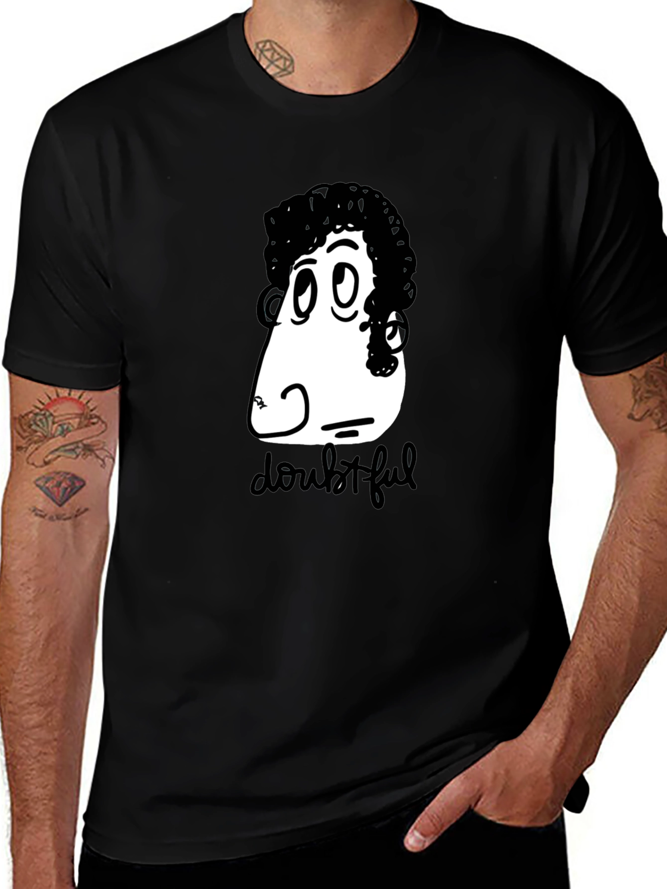 Doubtful Cartoon Graphic Black T-Shirt