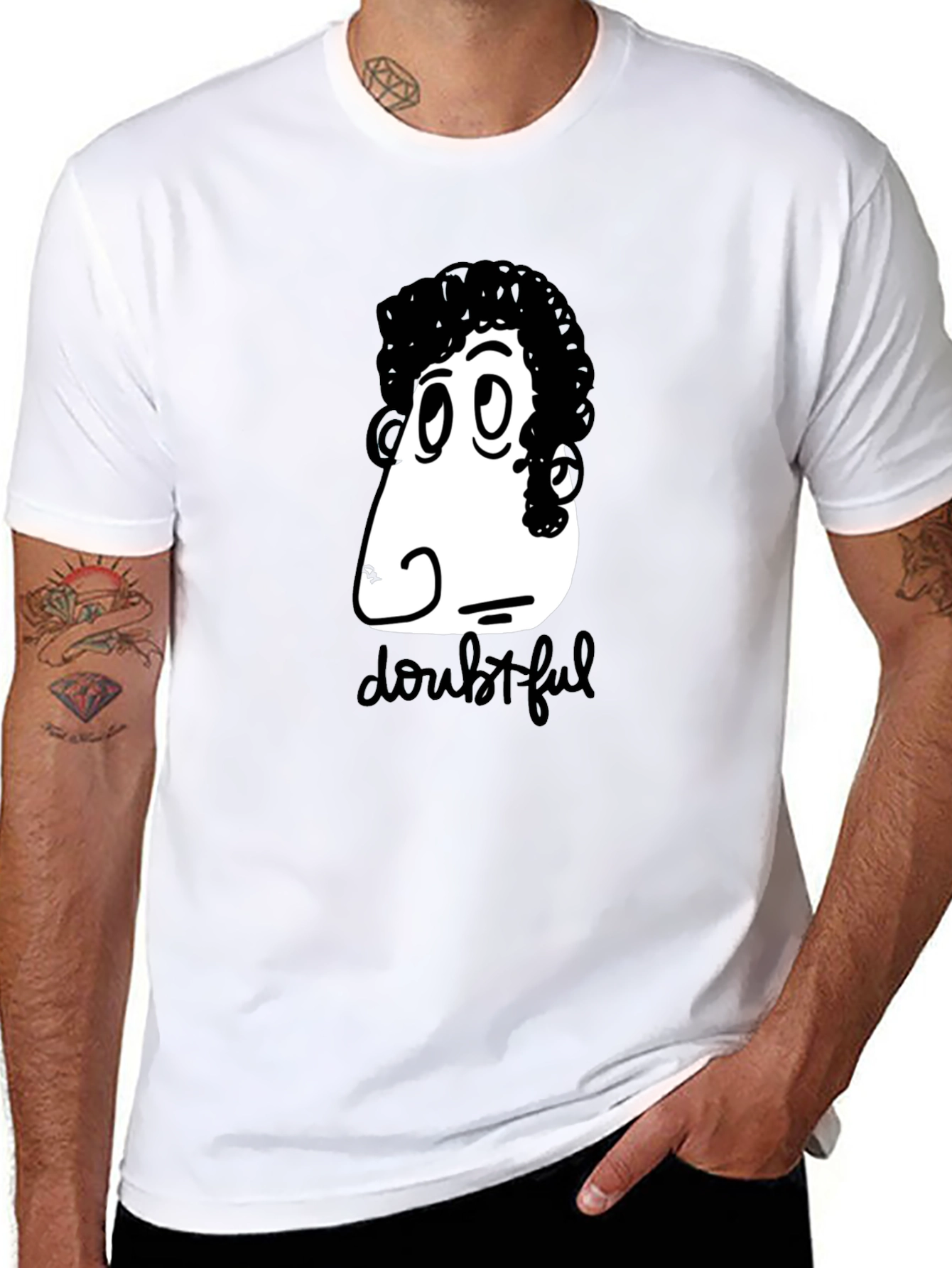 Doubtful Cartoon Graphic Black T-Shirt