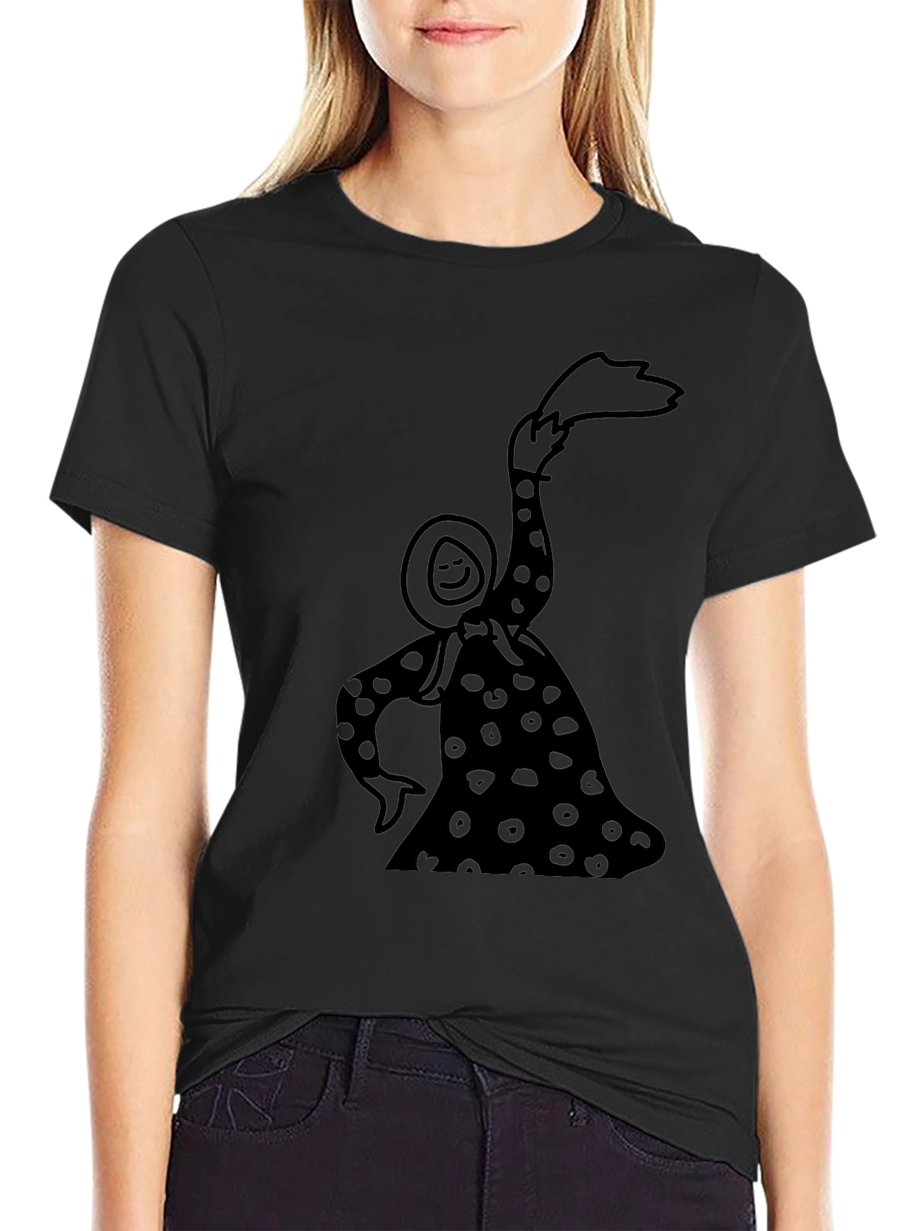 Whimsical Black T-Shirt with Illustrated Figure