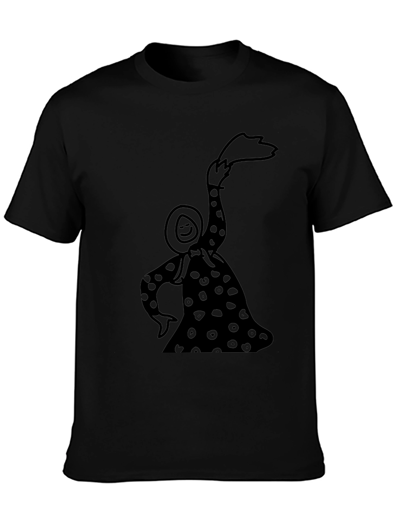 Whimsical Black T-Shirt with Illustrated Figure