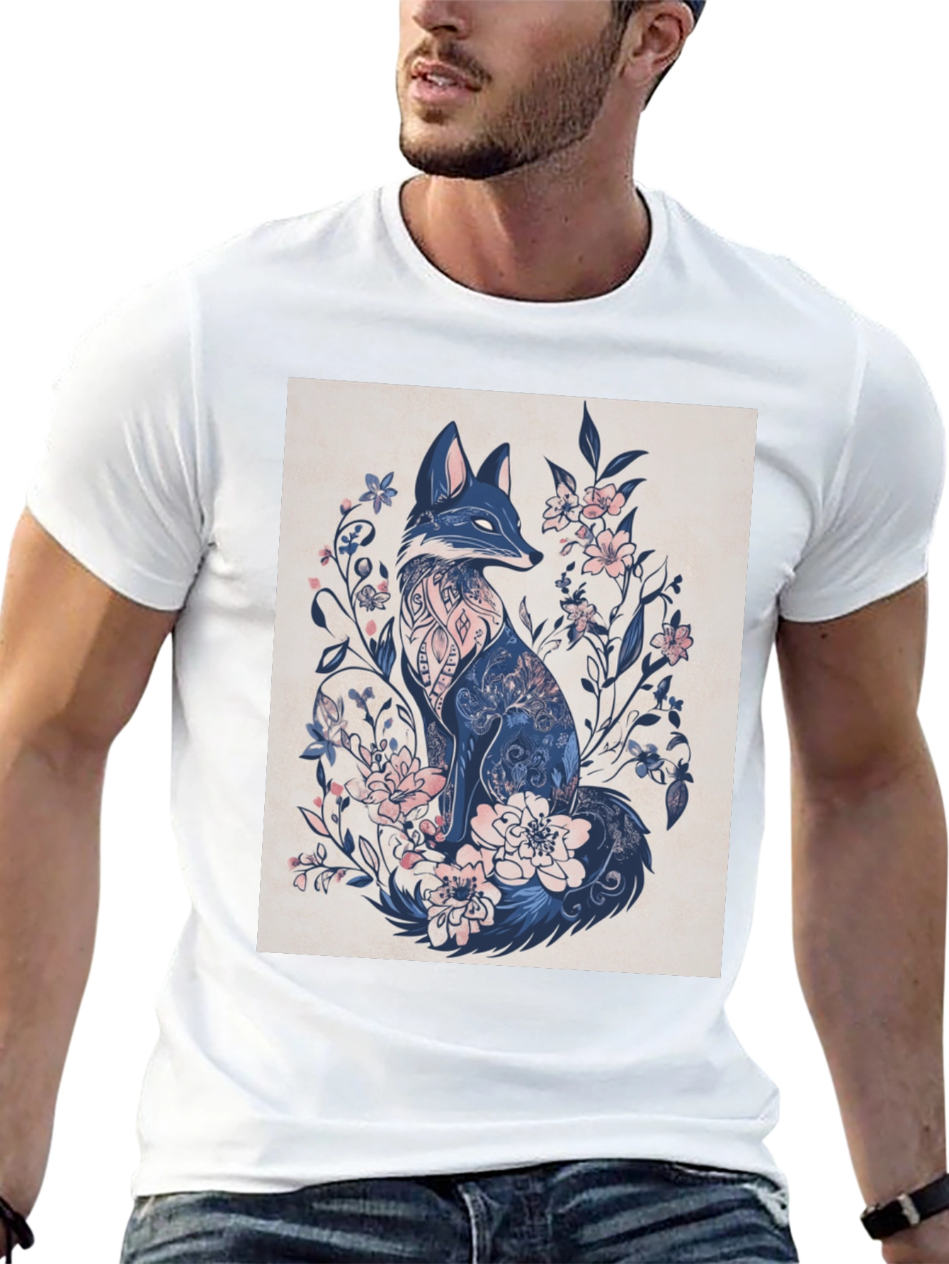 Floral Fox Graphic Tee - Stylish Mens T-Shirt