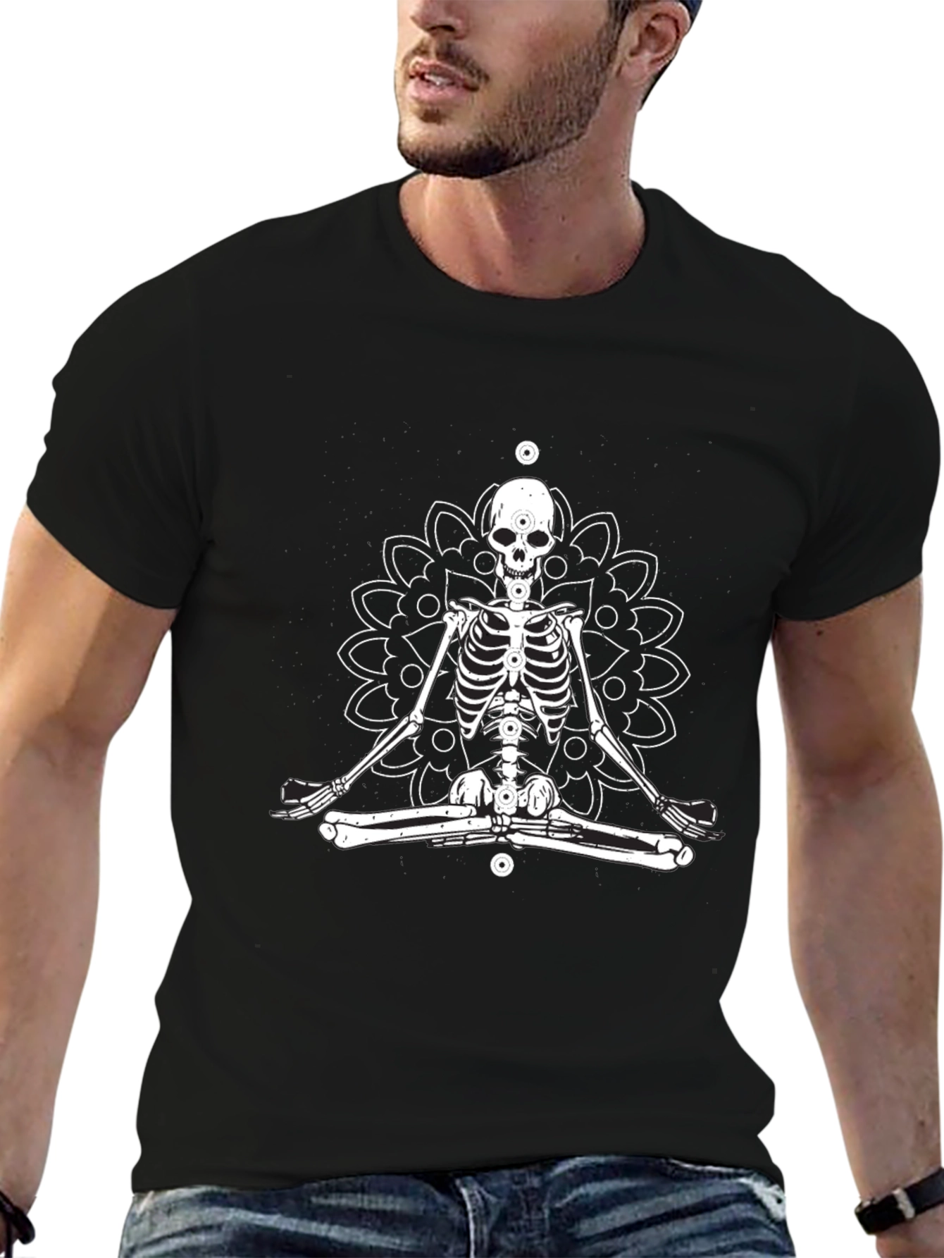 Meditating Skeleton Mandala T-Shirt - Black