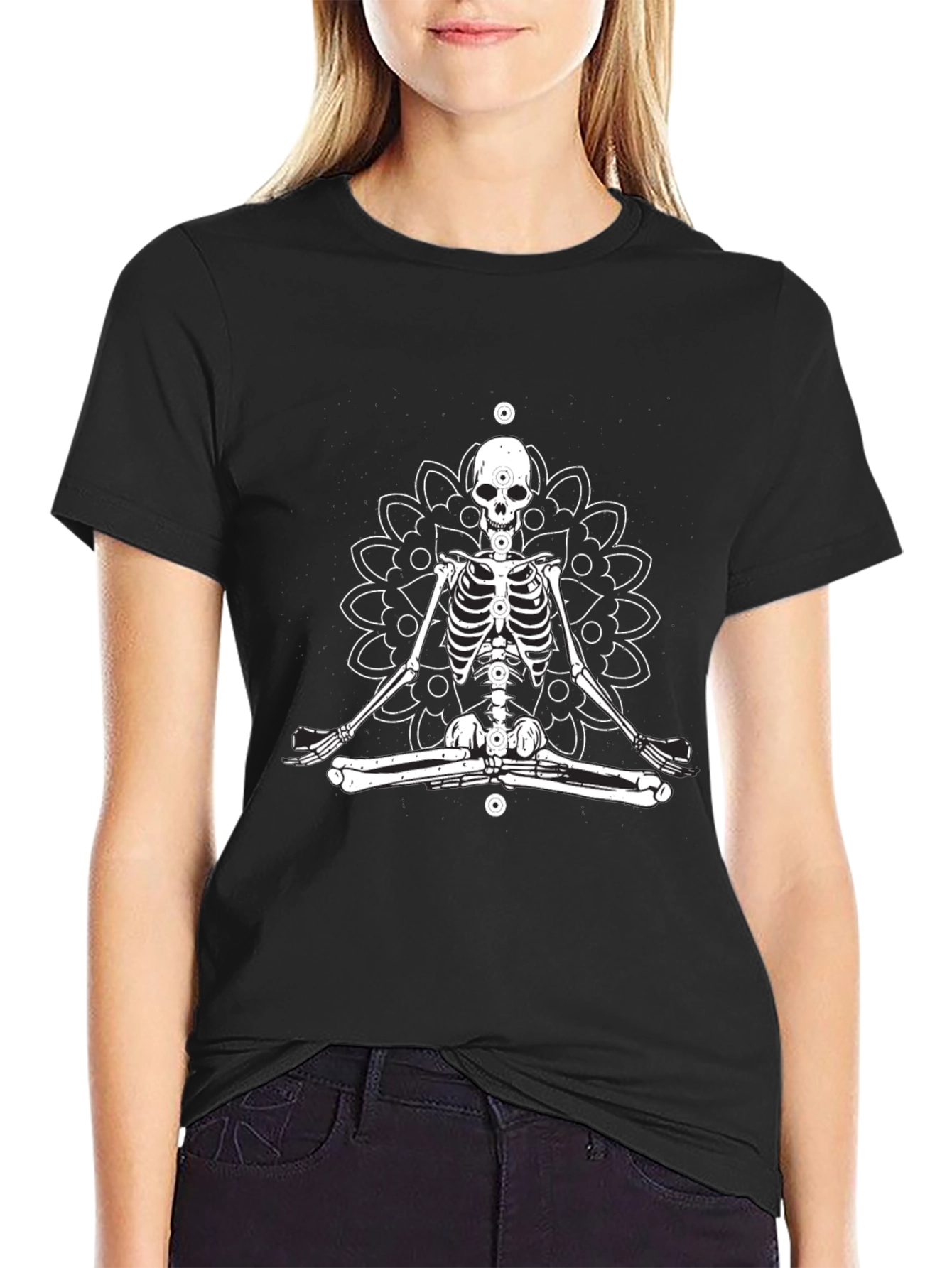 Meditating Skeleton Mandala T-Shirt - Black