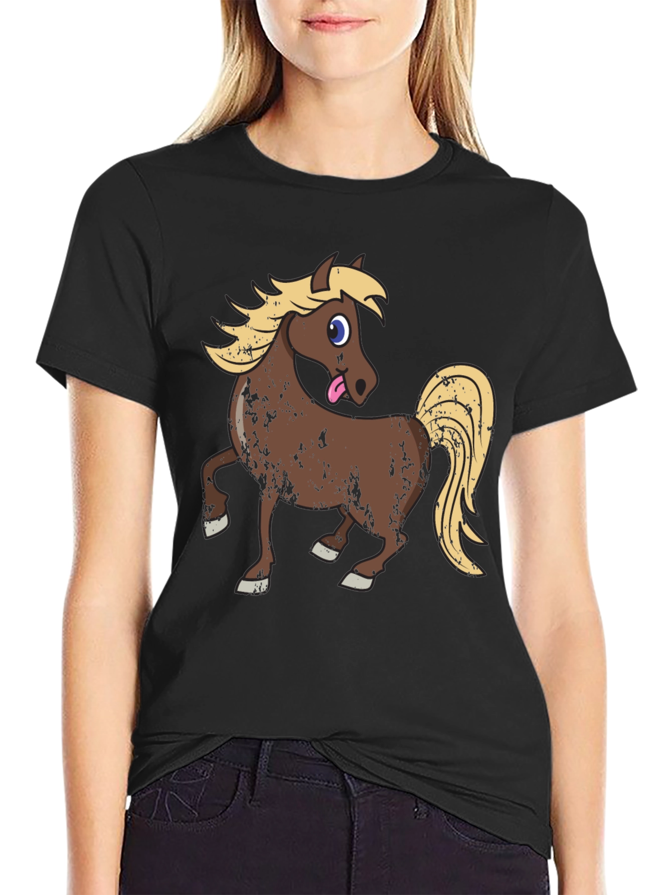 Horse Graphic Tee - Cute Cartoon Black T-Shirt