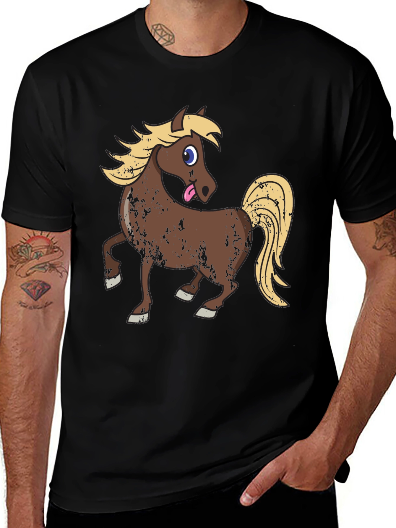 Horse Graphic Tee - Cute Cartoon Black T-Shirt