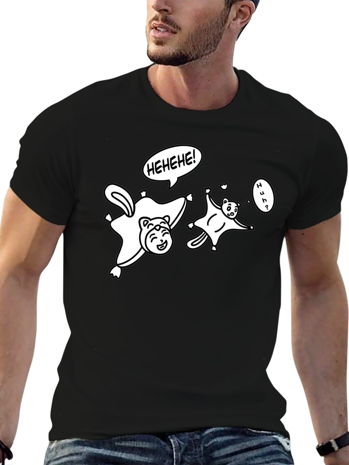 Funny Flying Squirrel Cartoon Black T-Shirt