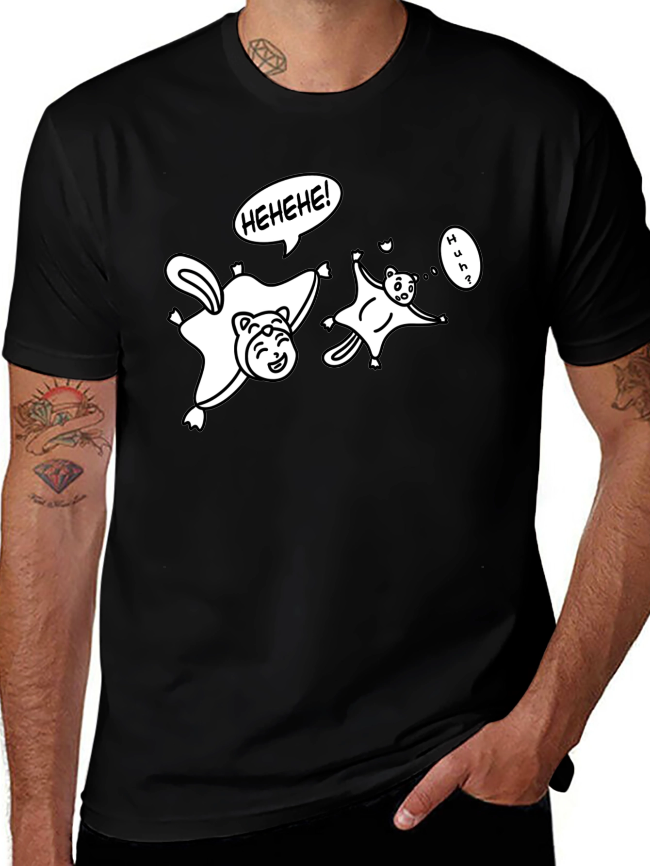 Funny Flying Squirrel Cartoon Black T-Shirt