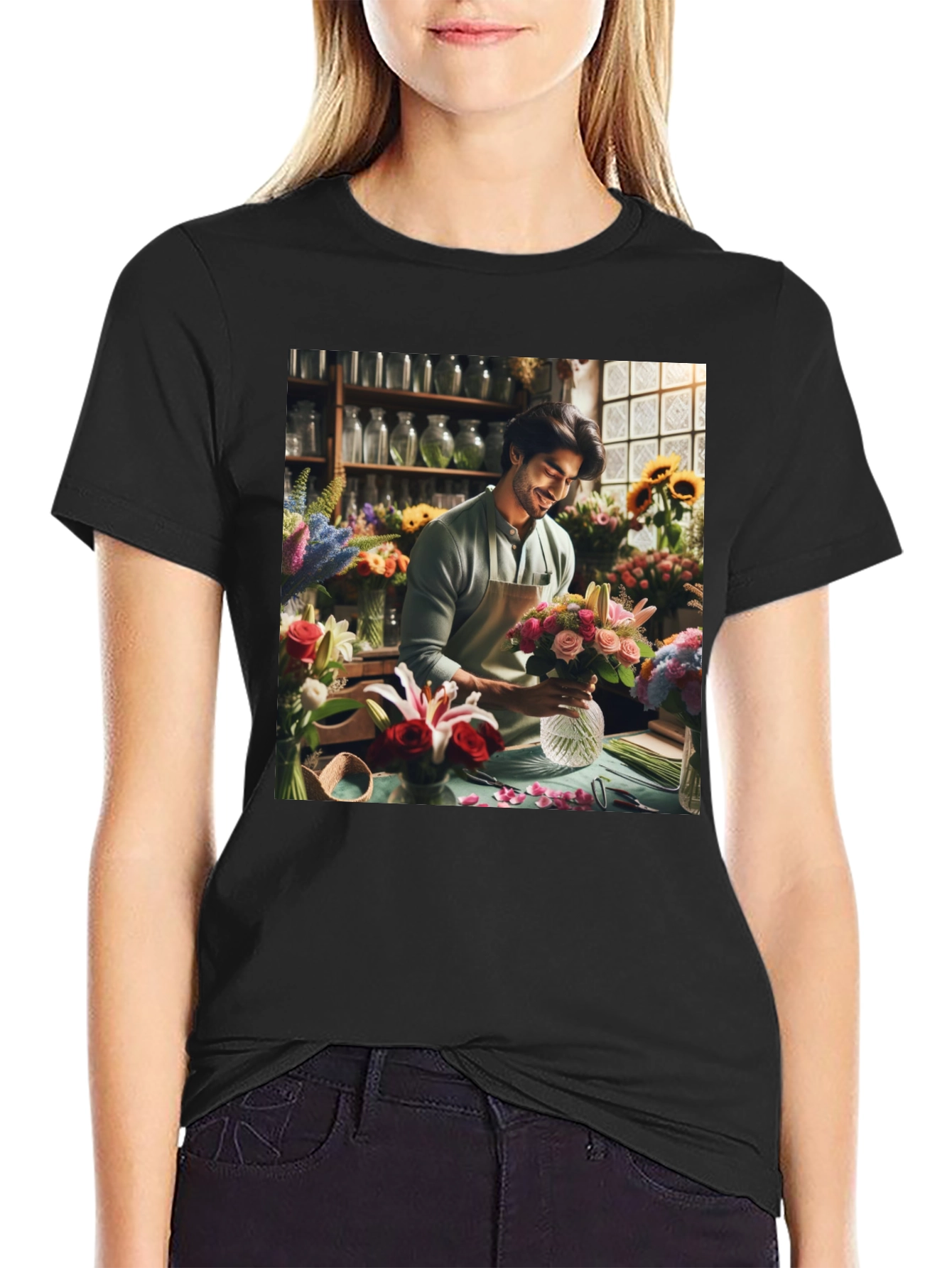 Floral T-Shirt: Man Arranging Flowers