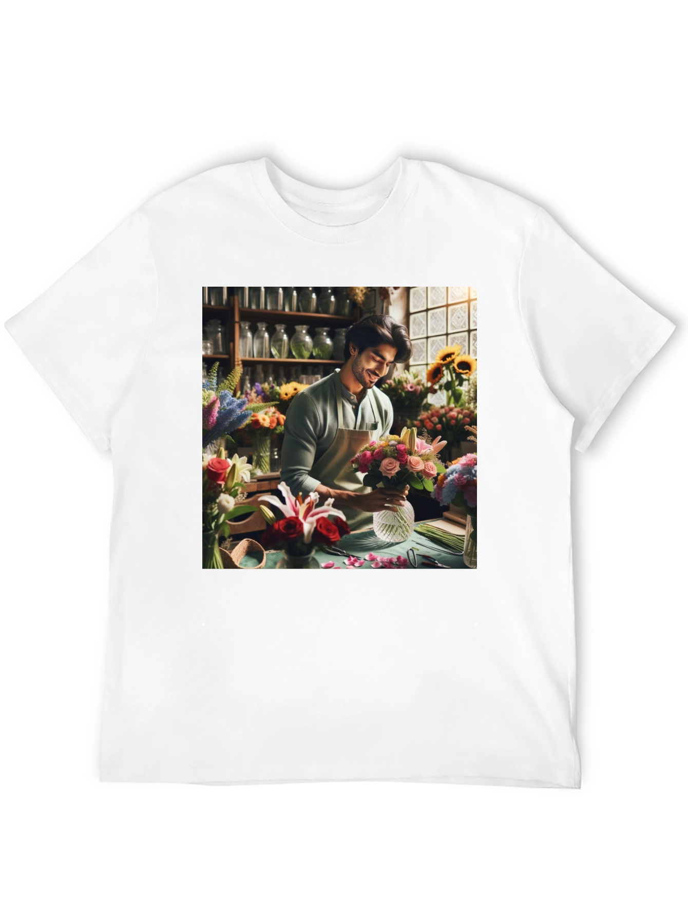 Floral T-Shirt: Man Arranging Flowers