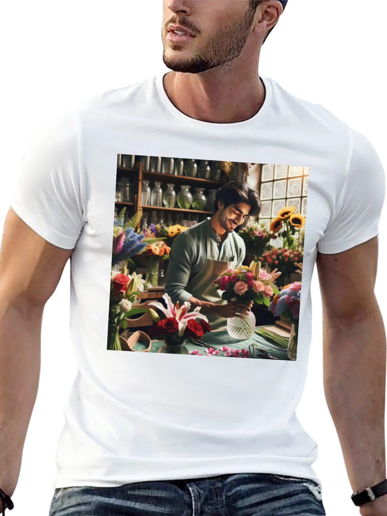 Floral T-Shirt: Man Arranging Flowers
