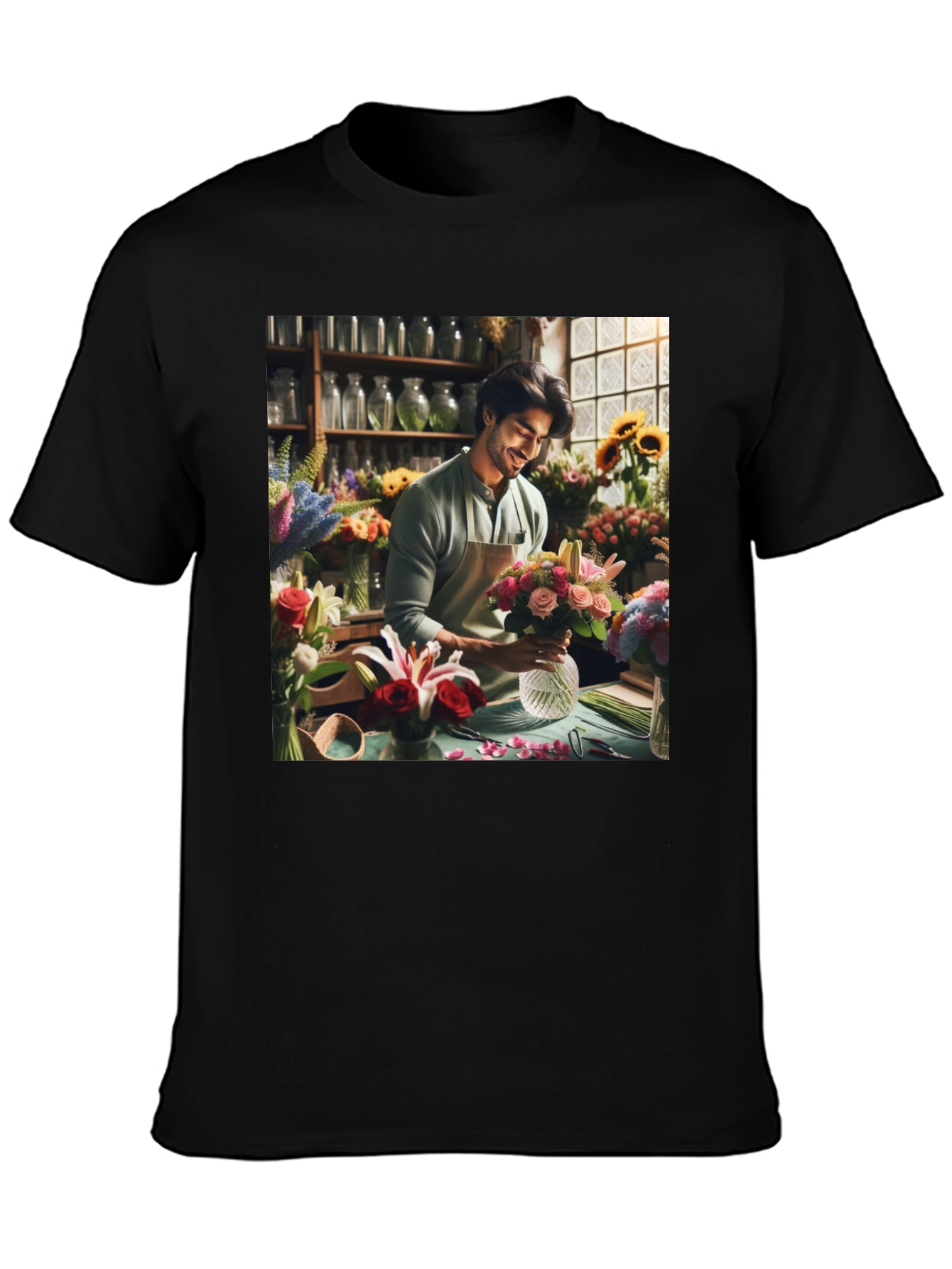 Floral T-Shirt: Man Arranging Flowers
