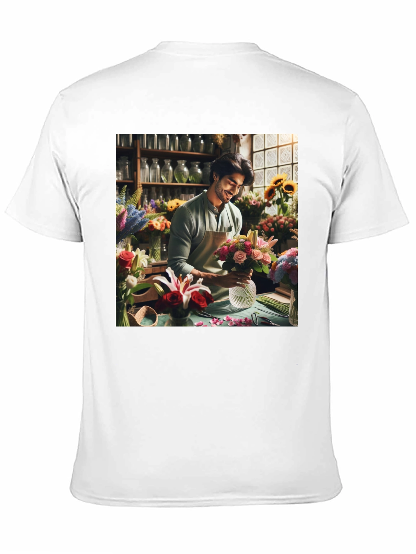 Floral T-Shirt: Man Arranging Flowers