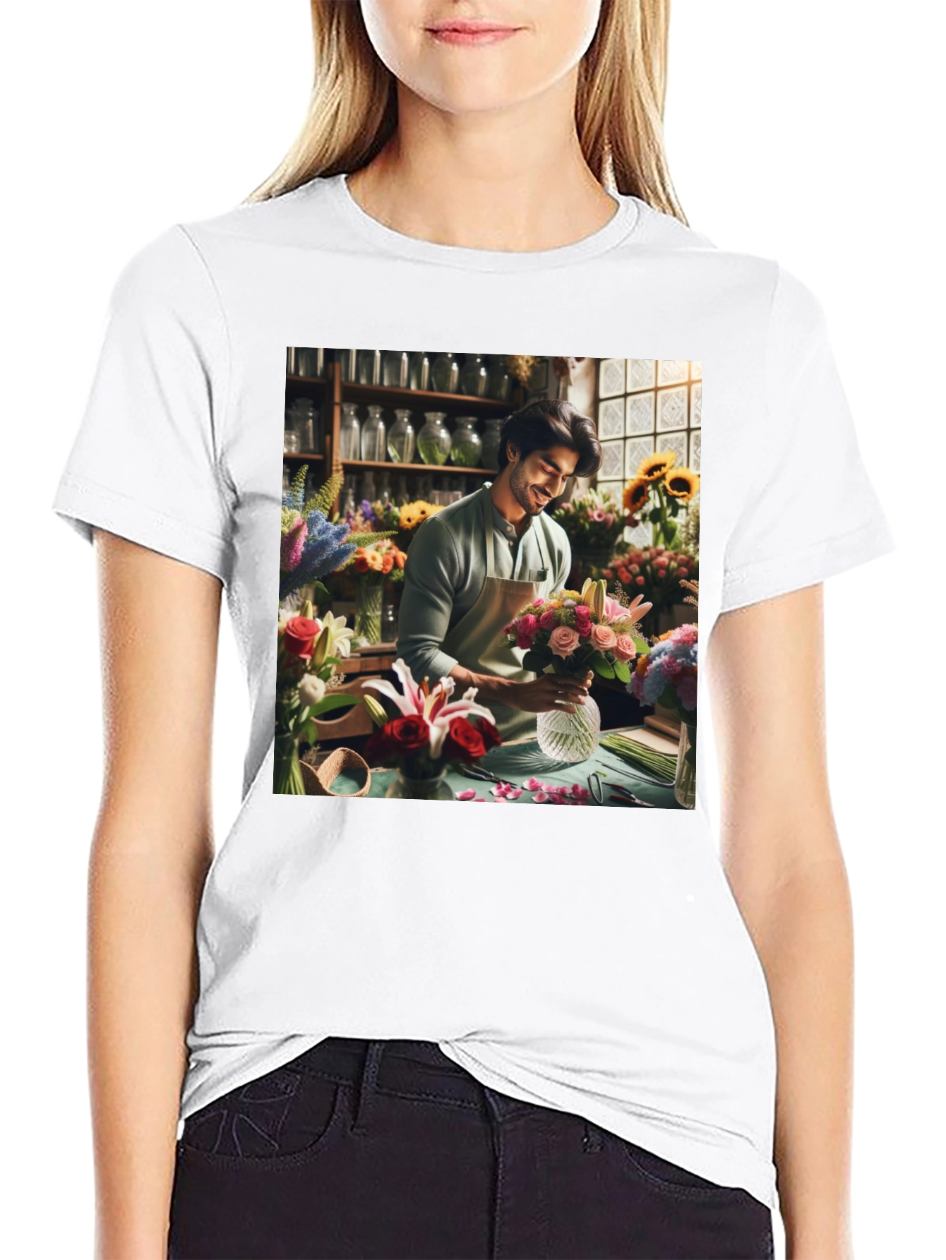 Floral T-Shirt: Man Arranging Flowers