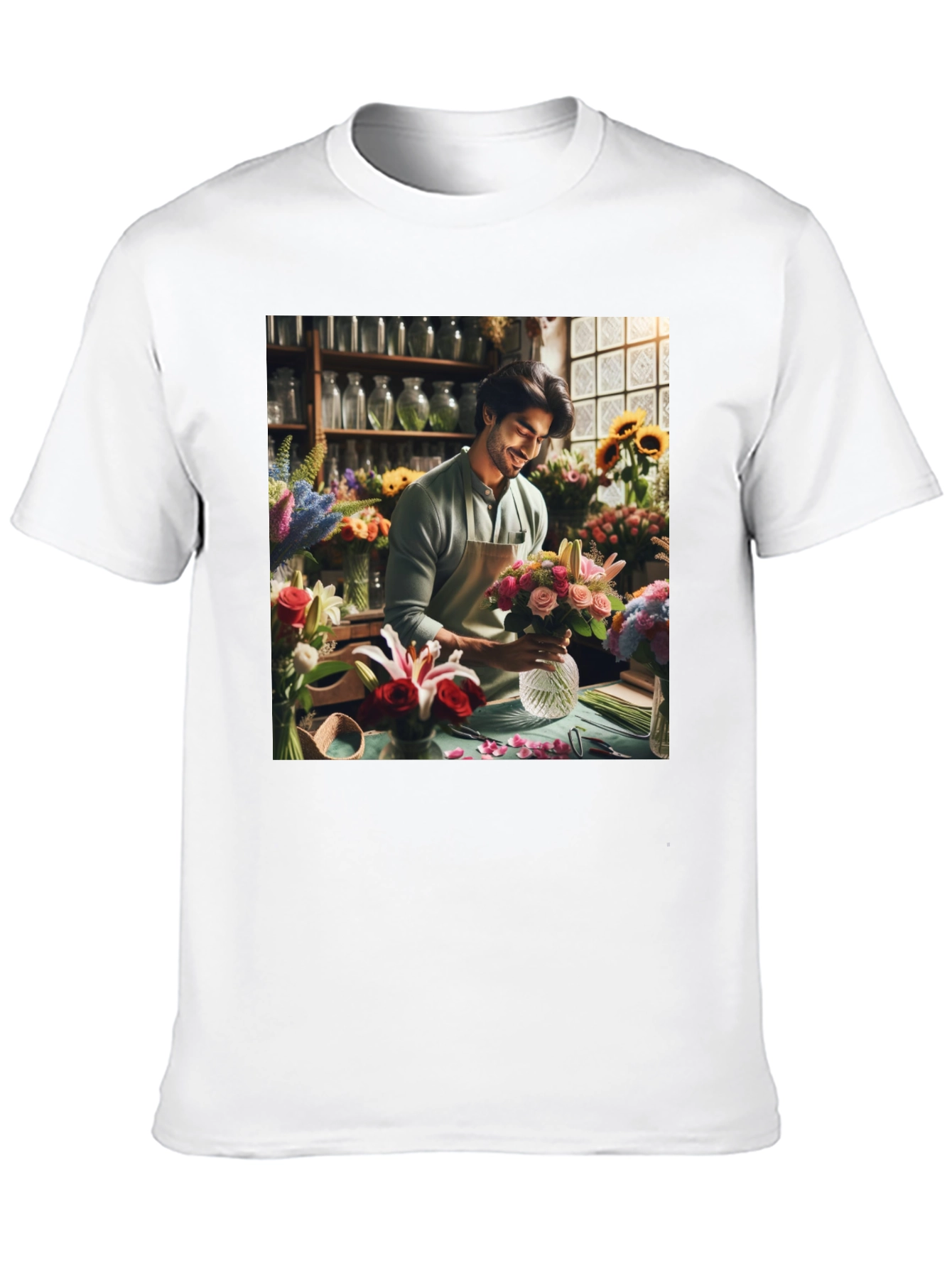 Floral T-Shirt: Man Arranging Flowers