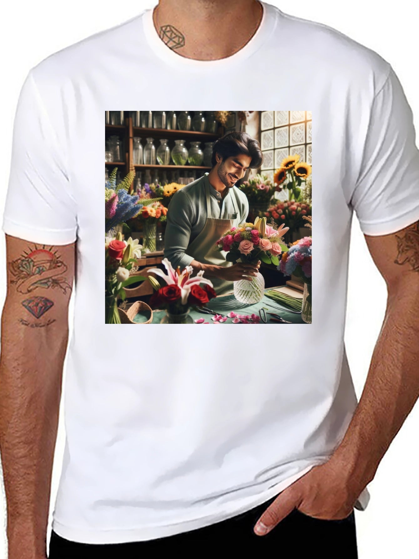 Floral T-Shirt: Man Arranging Flowers