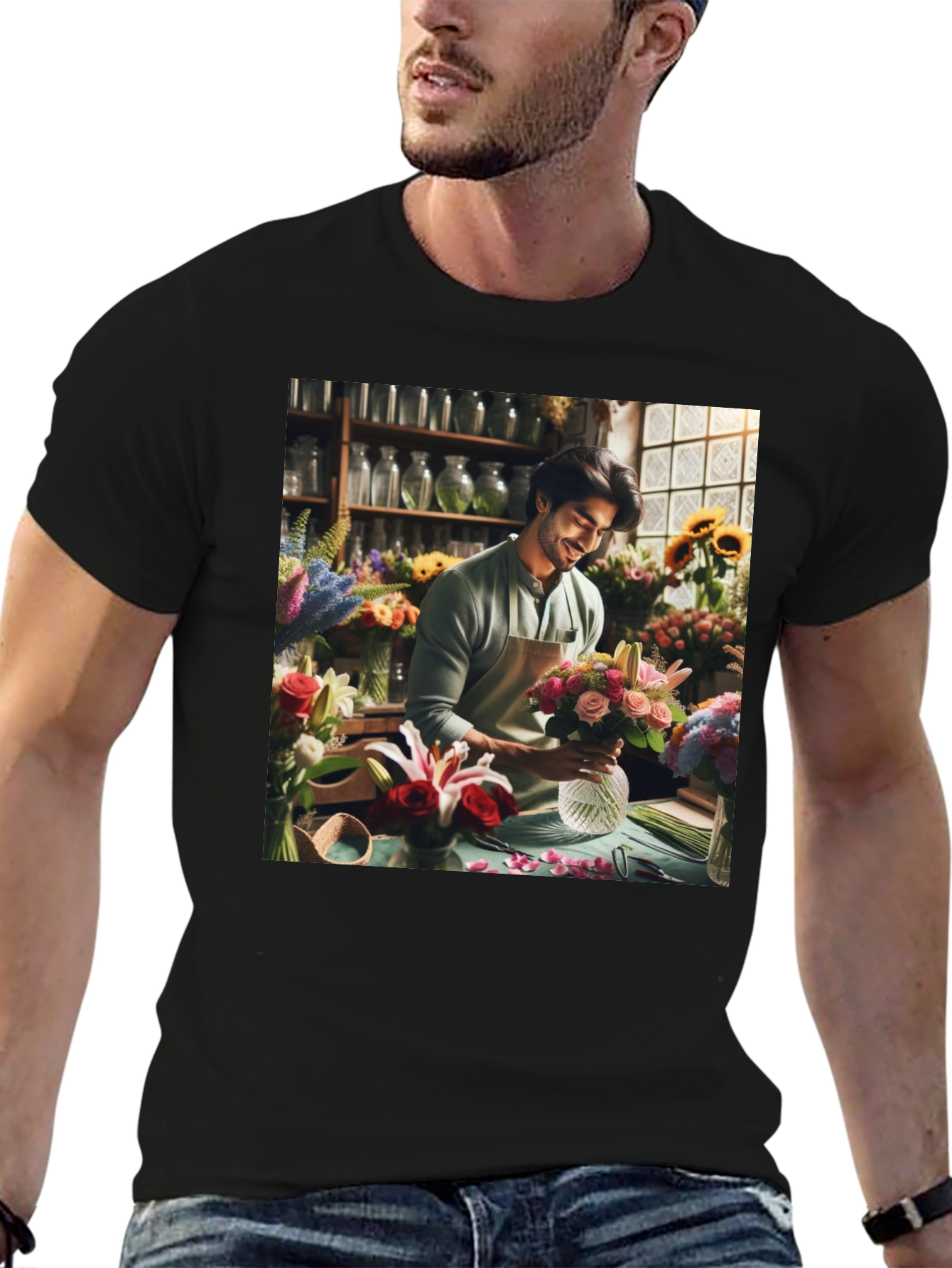 Floral T-Shirt: Man Arranging Flowers