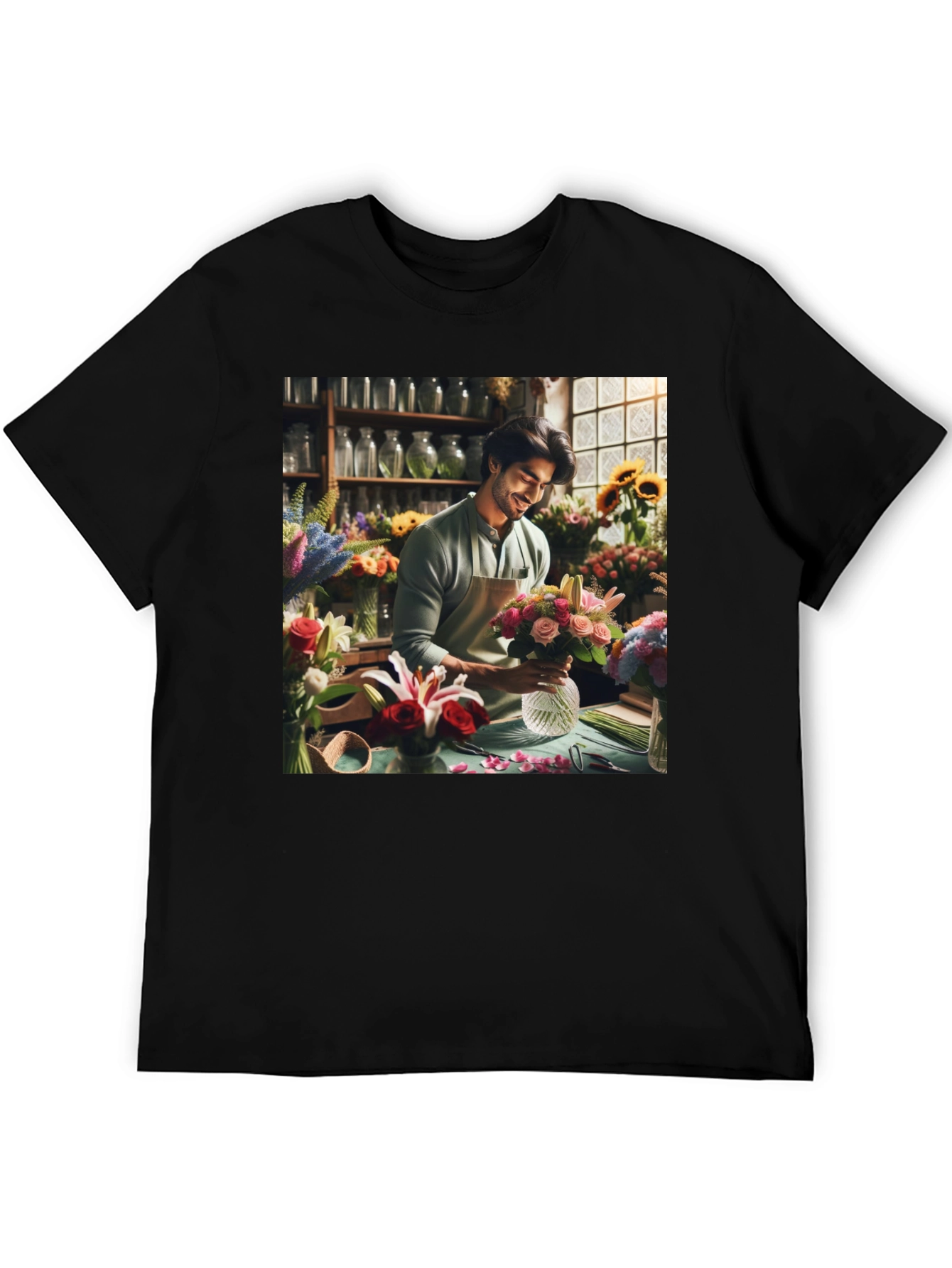 Floral T-Shirt: Man Arranging Flowers