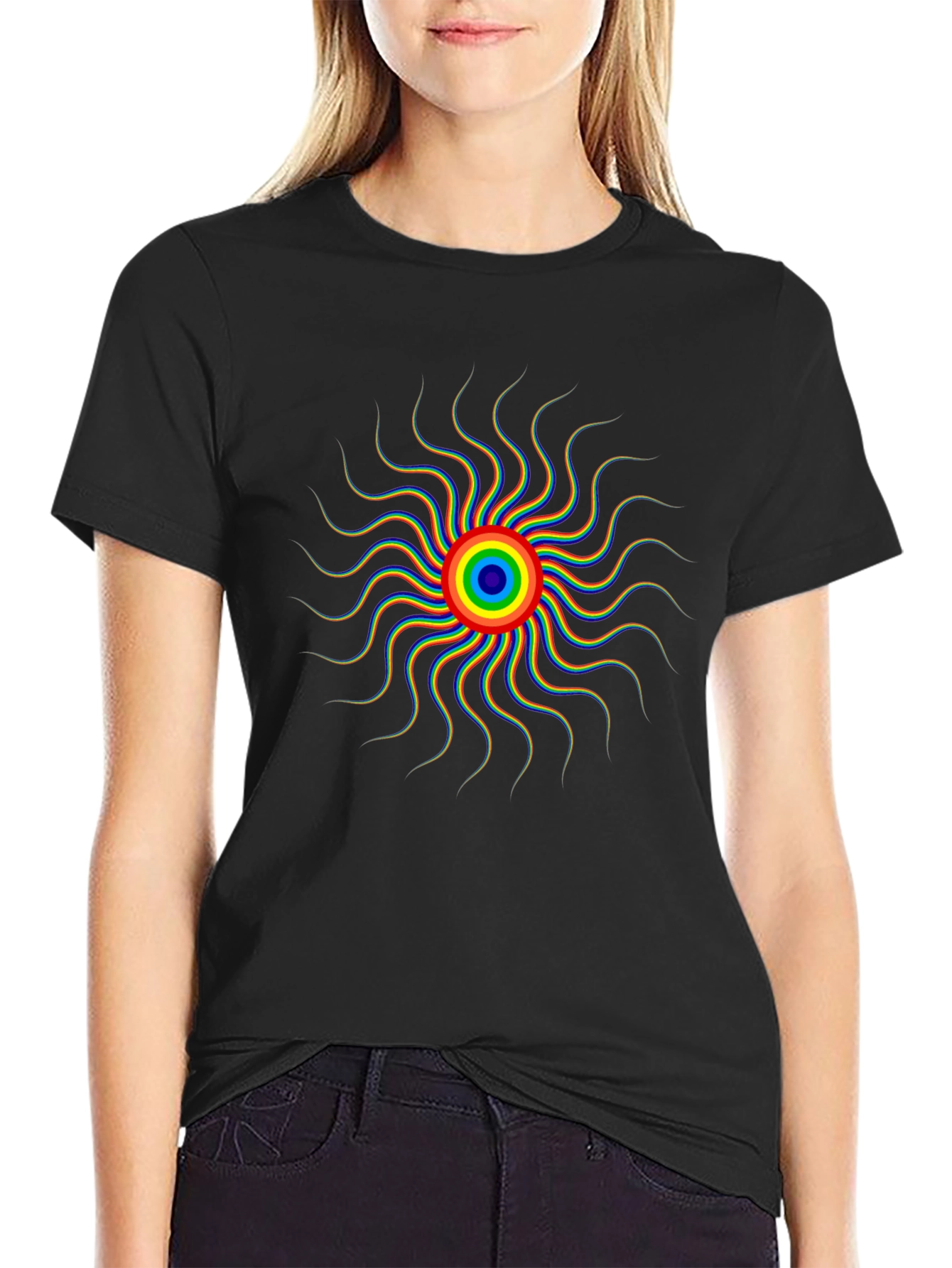 Rainbow Sunburst Graphic Black T-Shirt