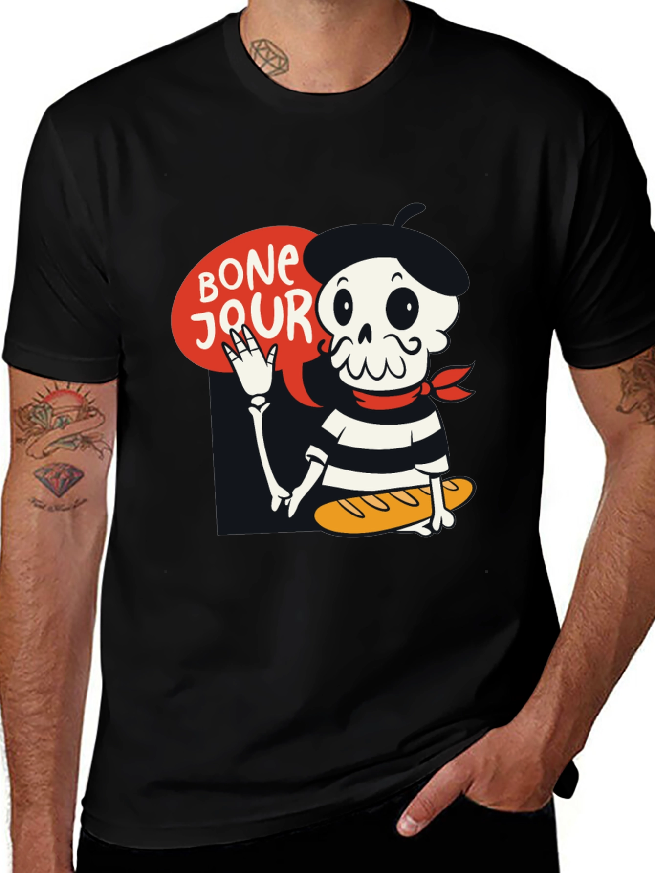 Bonjour Skeleton Graphic Tee - French Pun T-Shirt