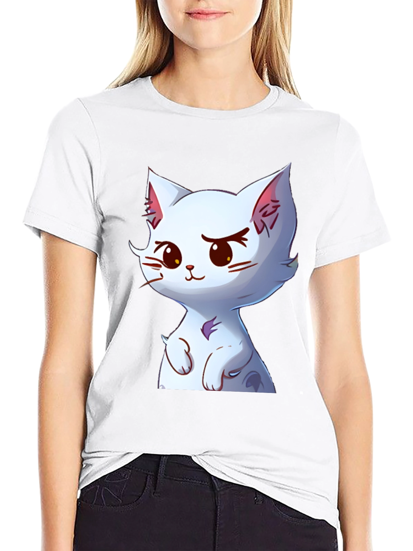 Cute Cartoon Cat Graphic Tee - Black